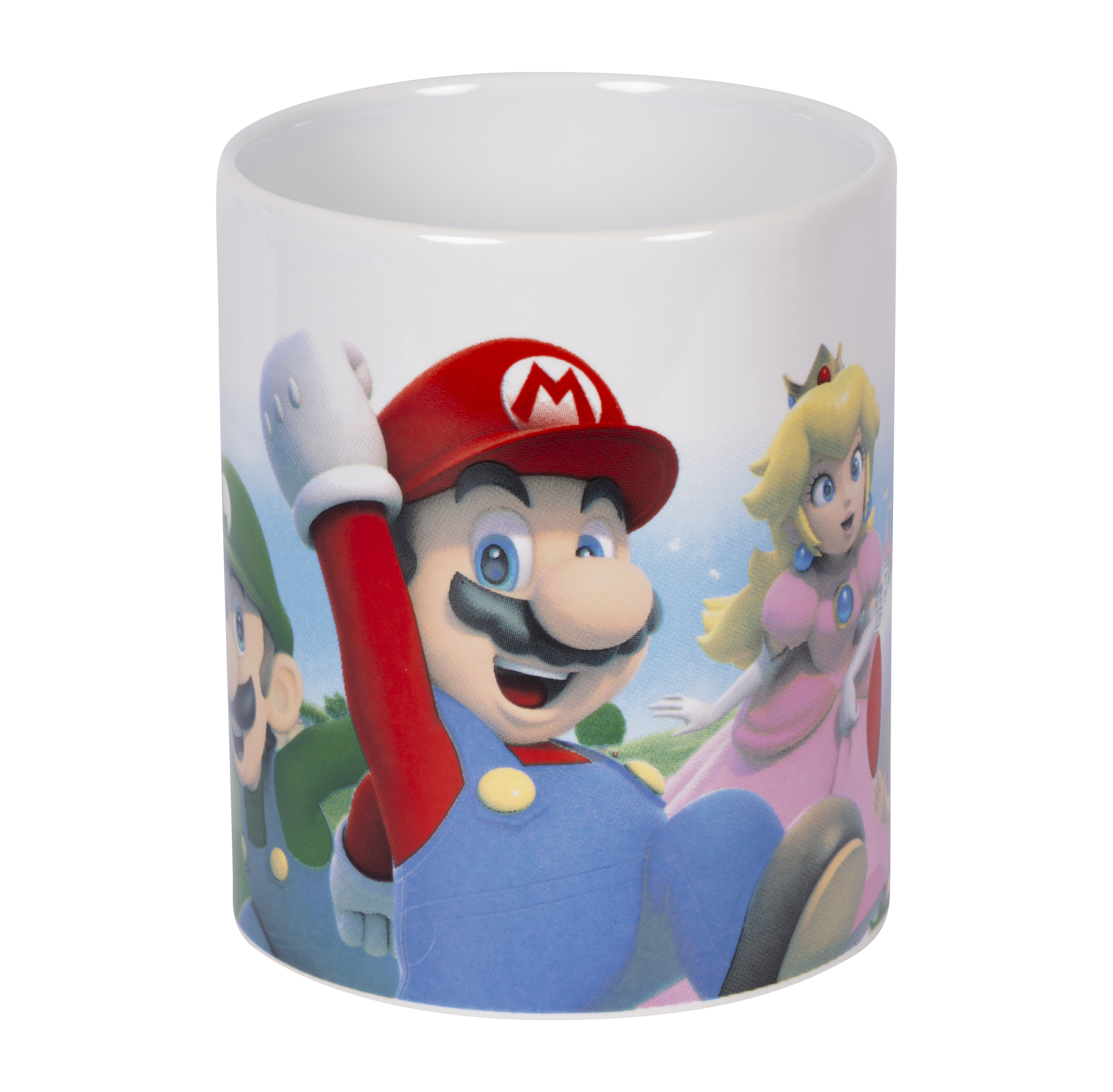 Eine Tasse mit Mario, Luigi und Prinzessin Peach von Super Mario.