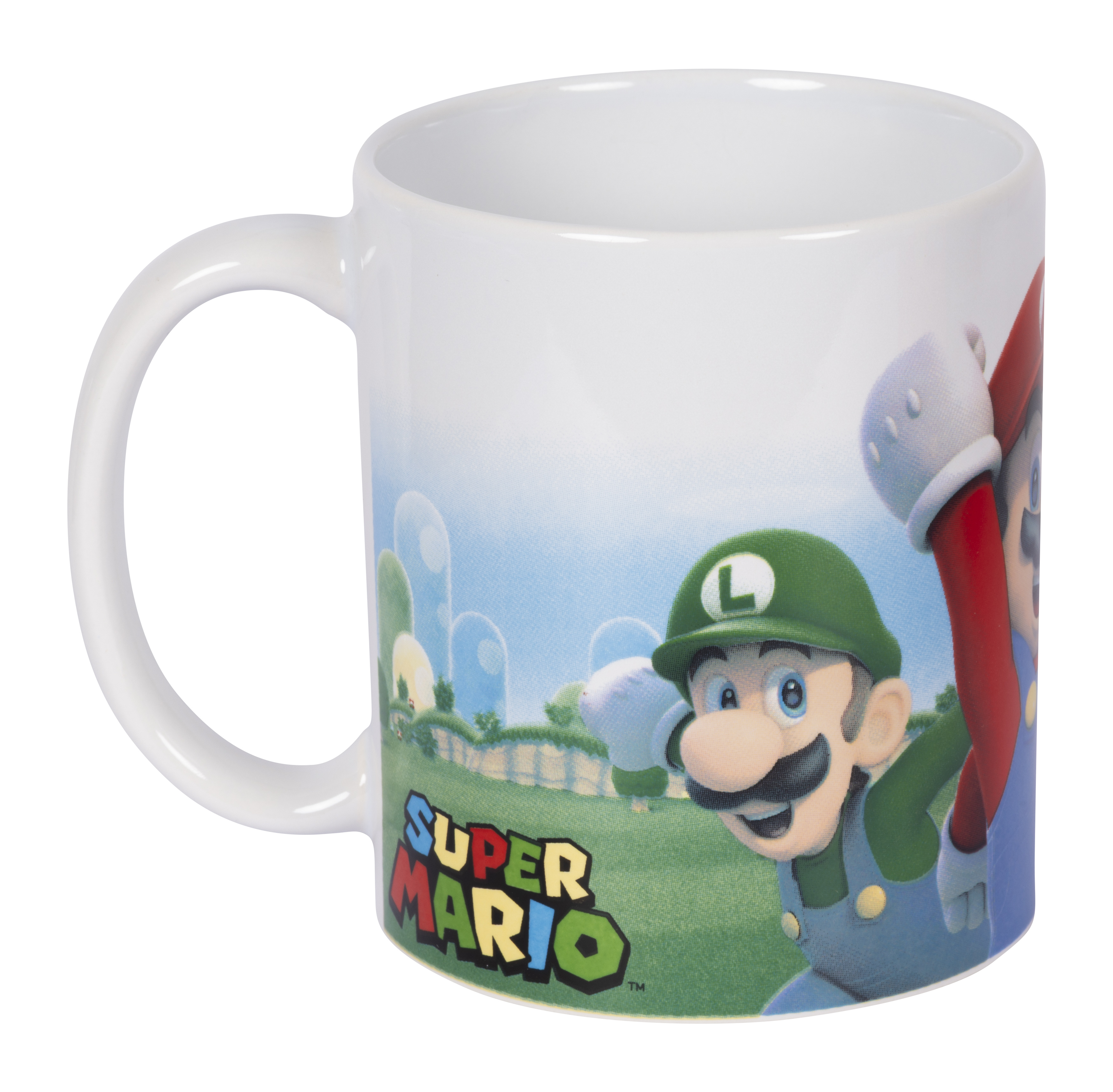 Eine weiße Tasse mit Super Mario-Motiv, Luigi und Mario sind abgebildet.