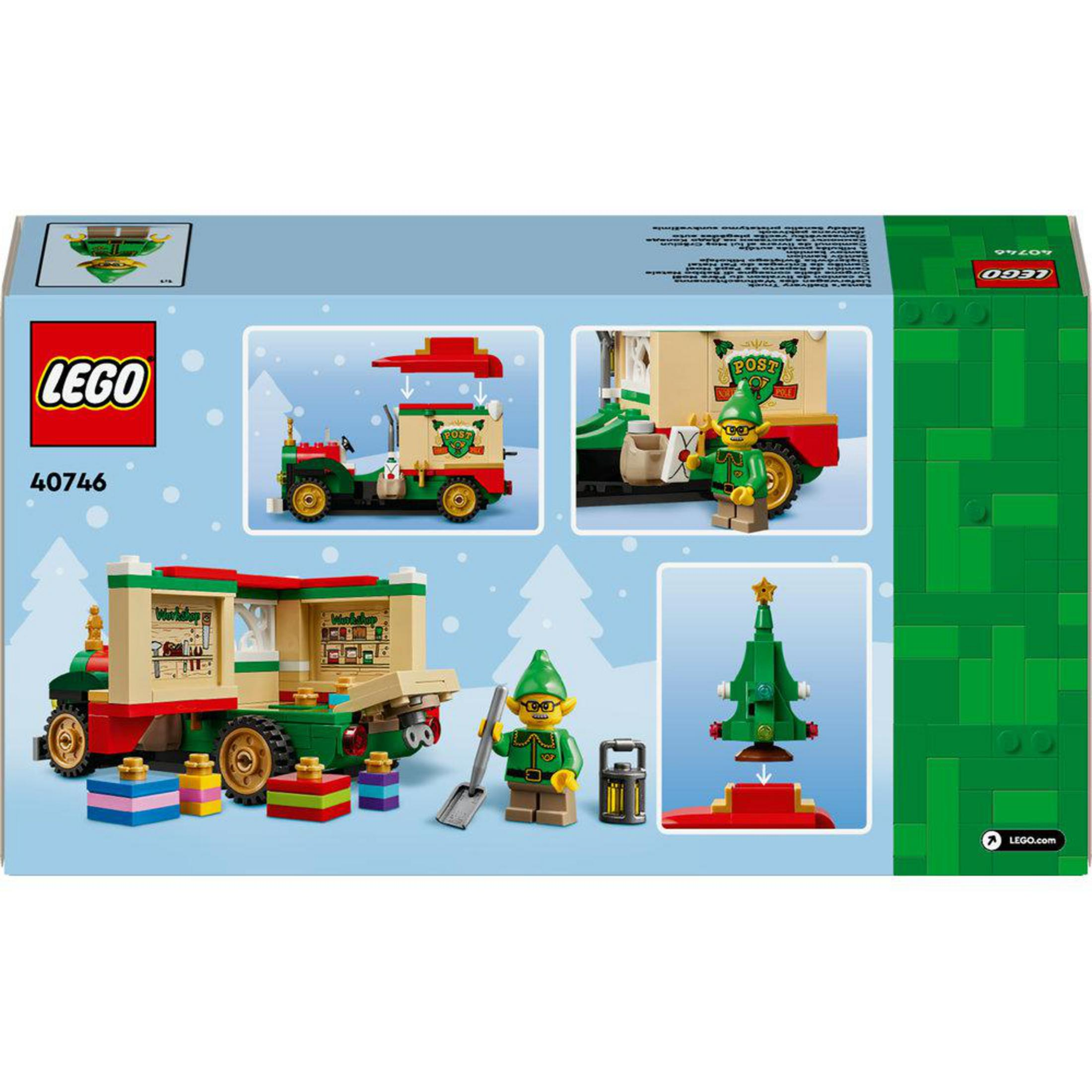Noel posta kamyonu, elfler ve hediyeler içeren bir Lego seti.