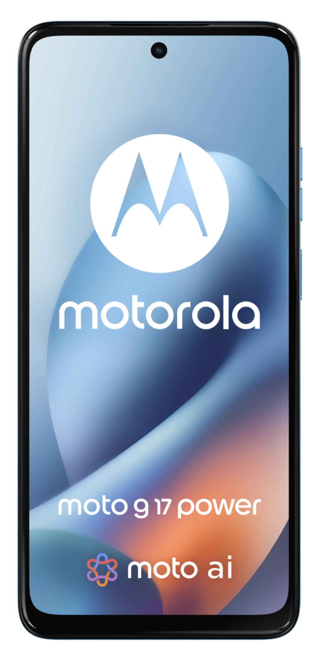 Motorola Moto G17 Power con logo Moto AI su sfondo blu.