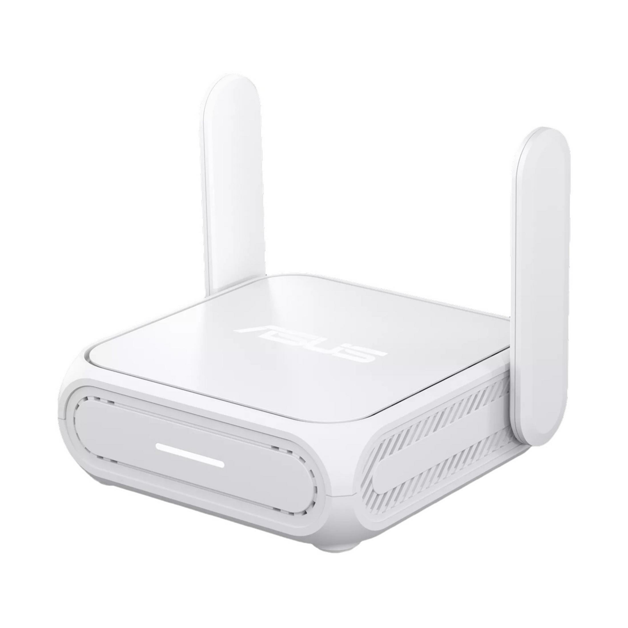 Ein weißer ASUS Router mit zwei Antennen vor einem weißen Hintergrund.