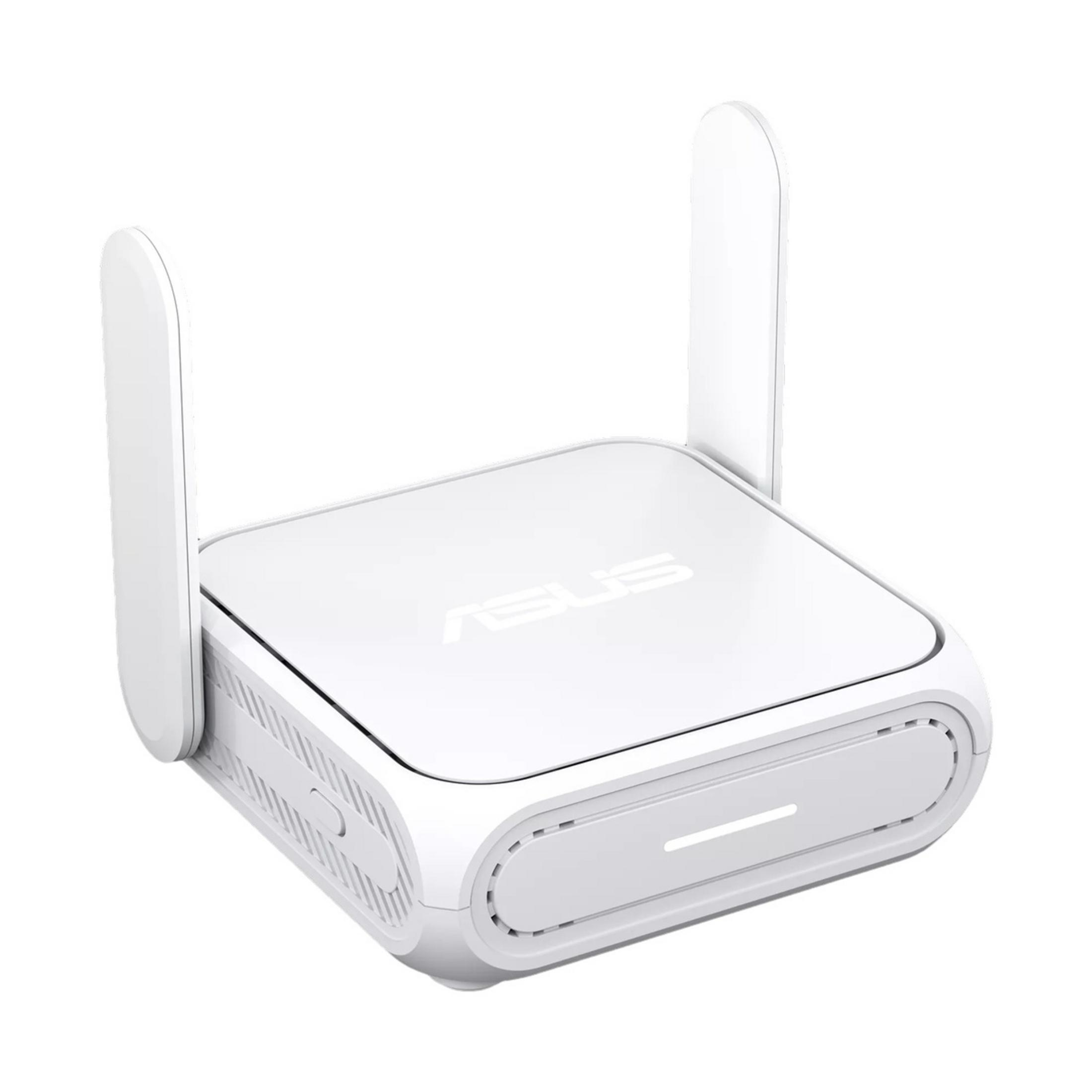 Ein weißer ASUS Router mit zwei Antennen und Lüftungsschlitzen ist abgebildet.