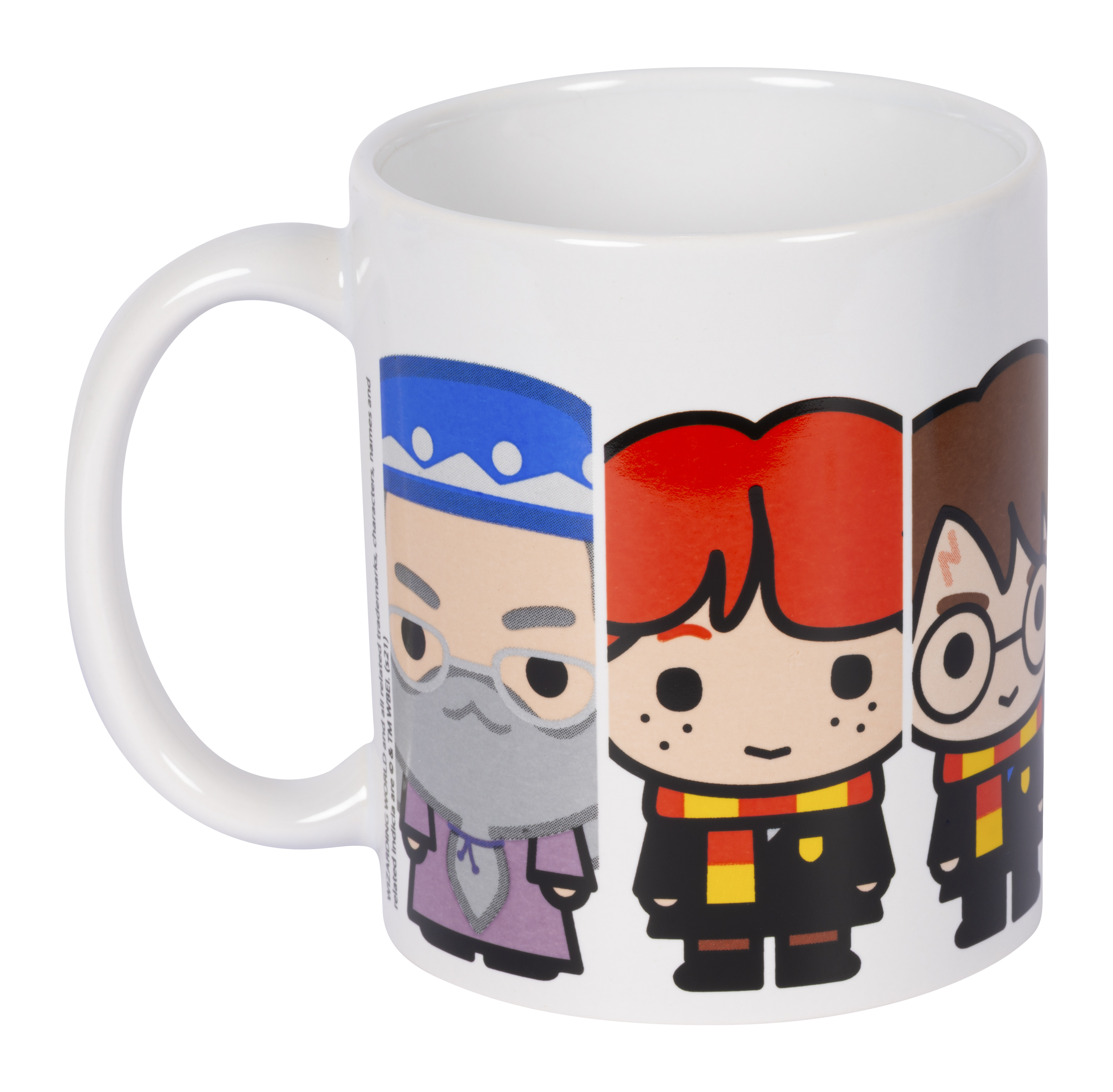 Eine weiße Tasse mit Harry Potter-Figuren: Dumbledore, Ron und Harry.