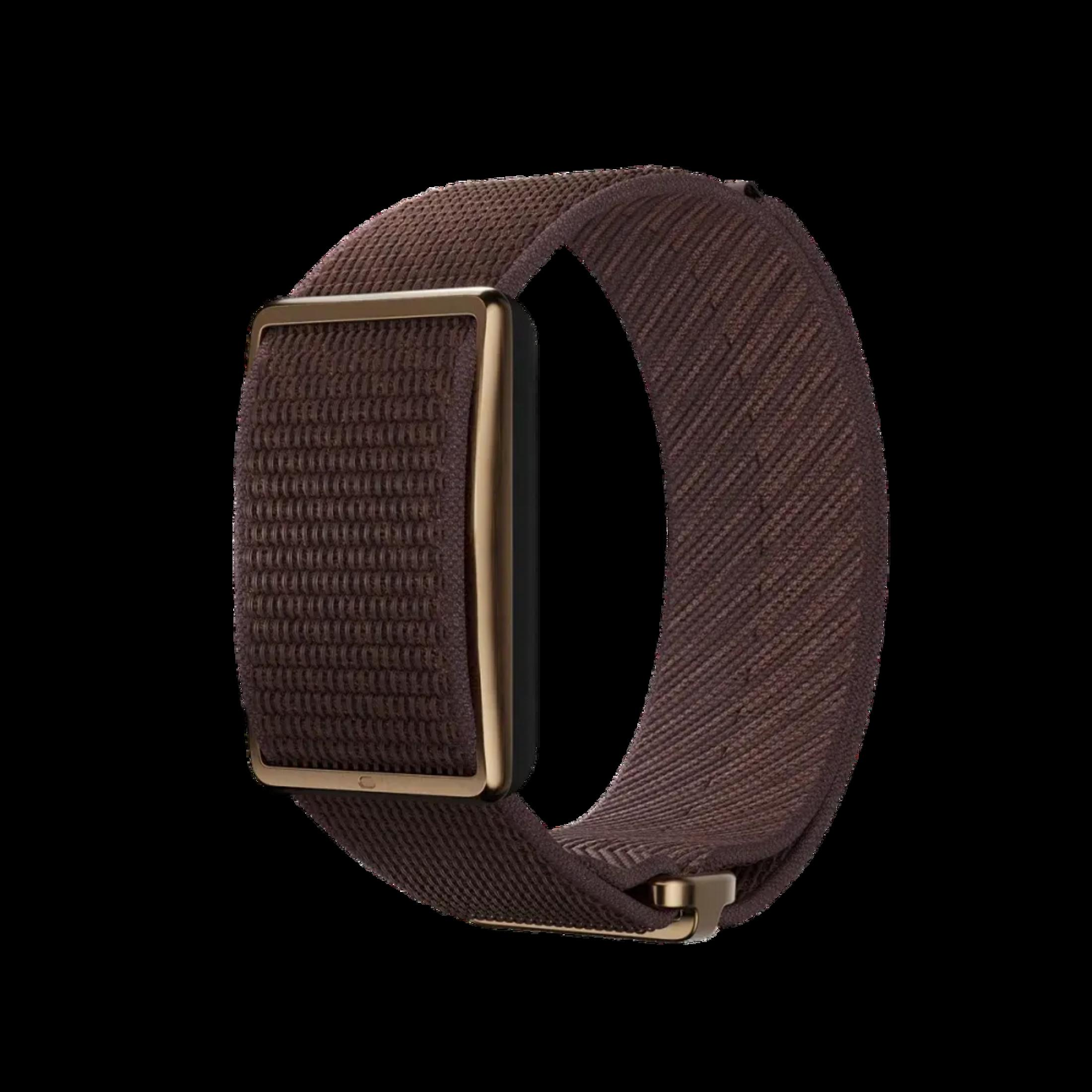 Cinturino in tessuto marrone con chiusura dorata per uno smartwatch.