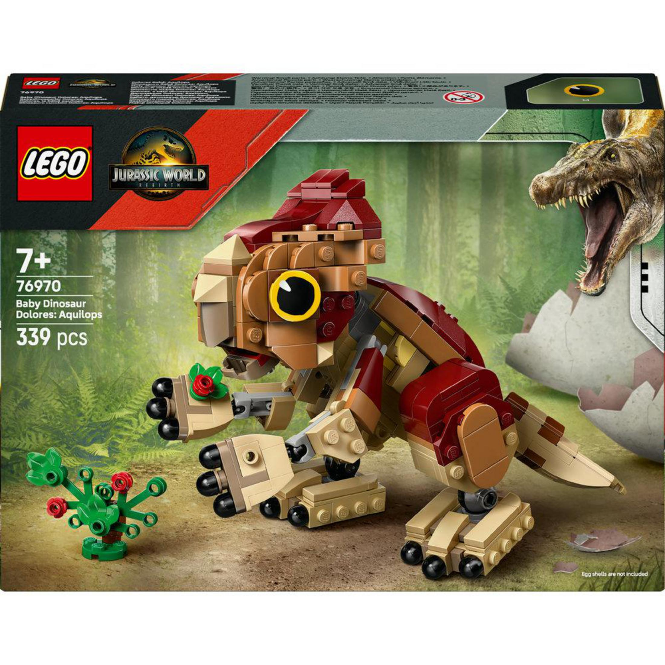 Set de construcción Lego Jurassic World Bebé Dinosaurio Aquilops con modelo detallado.