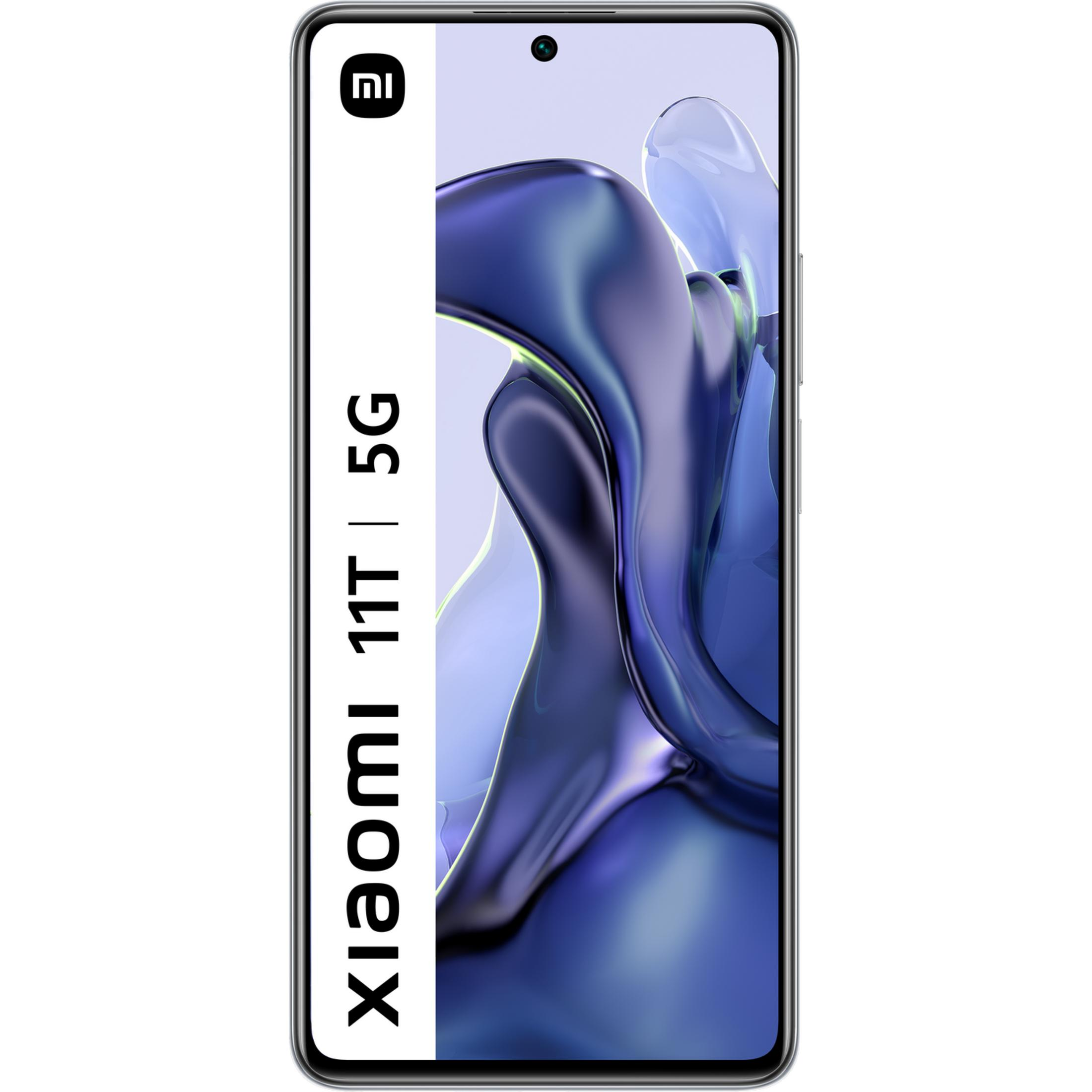 Smartphone Xiaomi 11T 5G con sfondo blu e fluido.