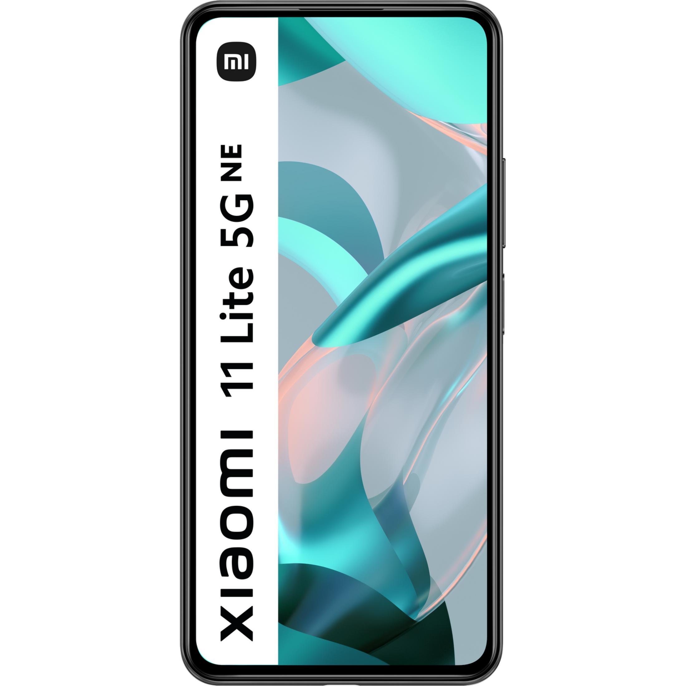 Ein schwarzes Xiaomi 11 Lite 5G NE Smartphone mit abstrakter, türkisfarbener Hintergrundgrafik.