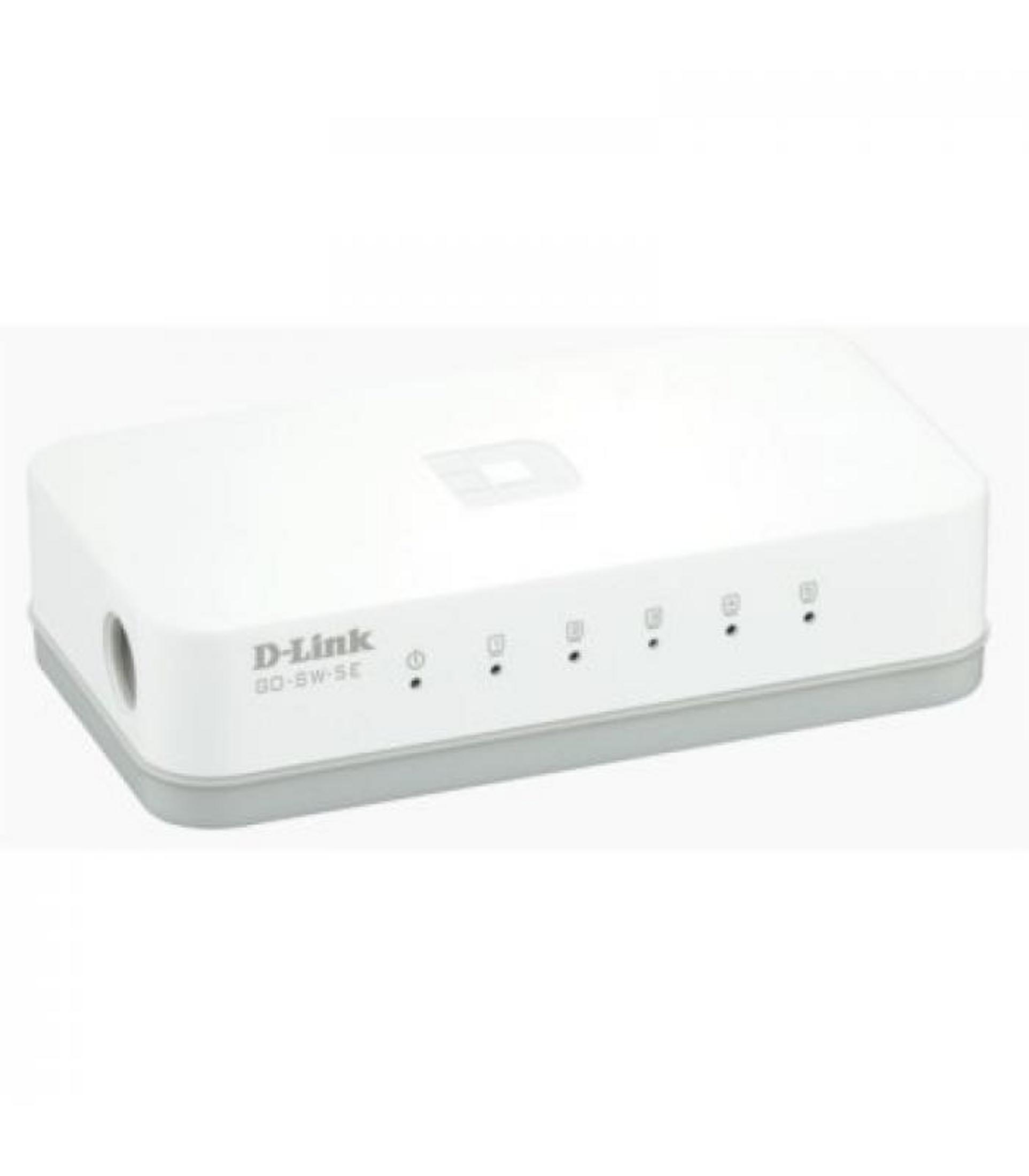 Uno switch D-Link bianco a 8 porte con base grigia e spie.