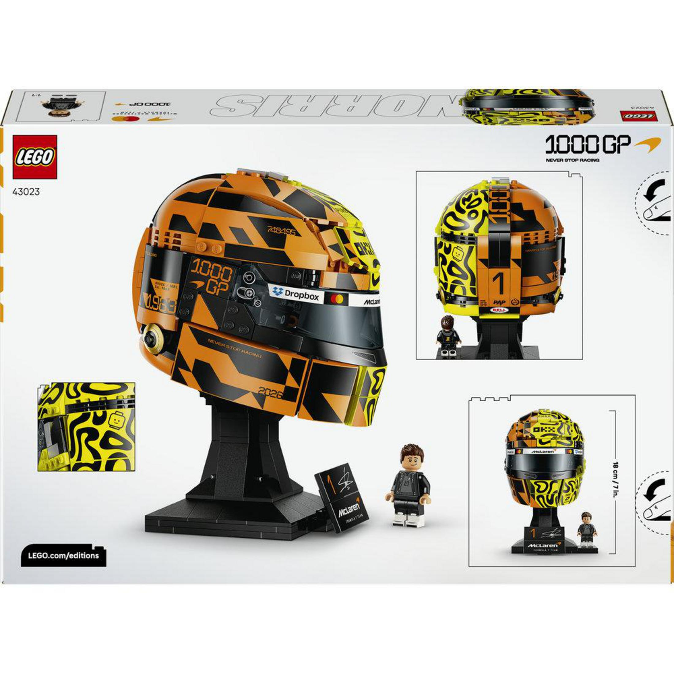 LEGO kutusu, turuncu-siyah desenli McLaren kaskı ve bir figürünü gösteriyor.