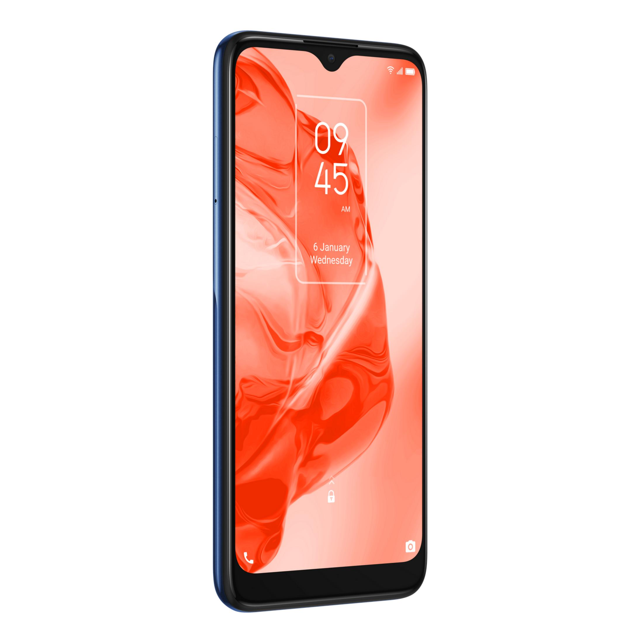 Uno smartphone blu con uno sfondo astratto arancione sulla schermata di blocco.