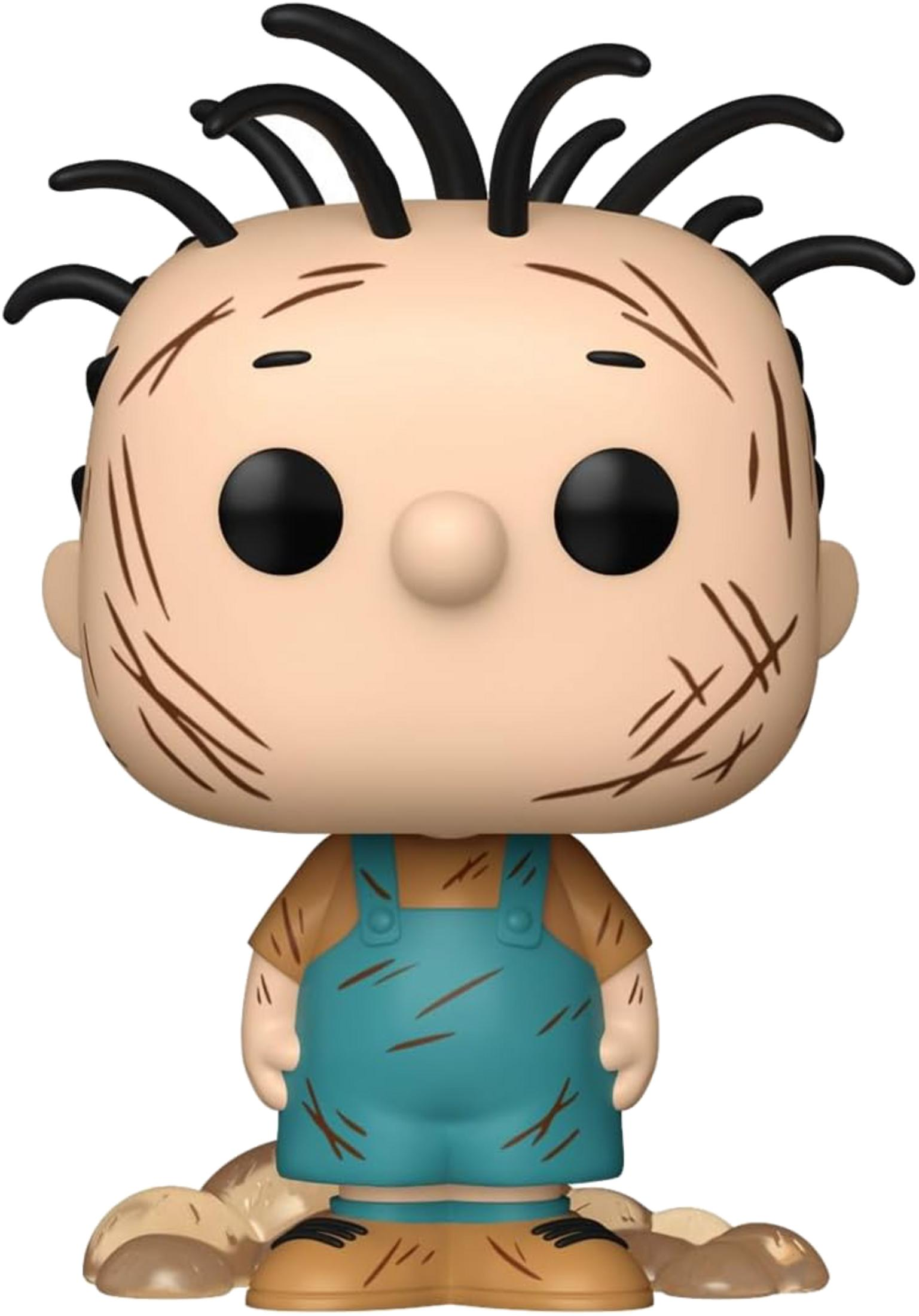Una figura con piel clara, peto azul y camisa marrón.