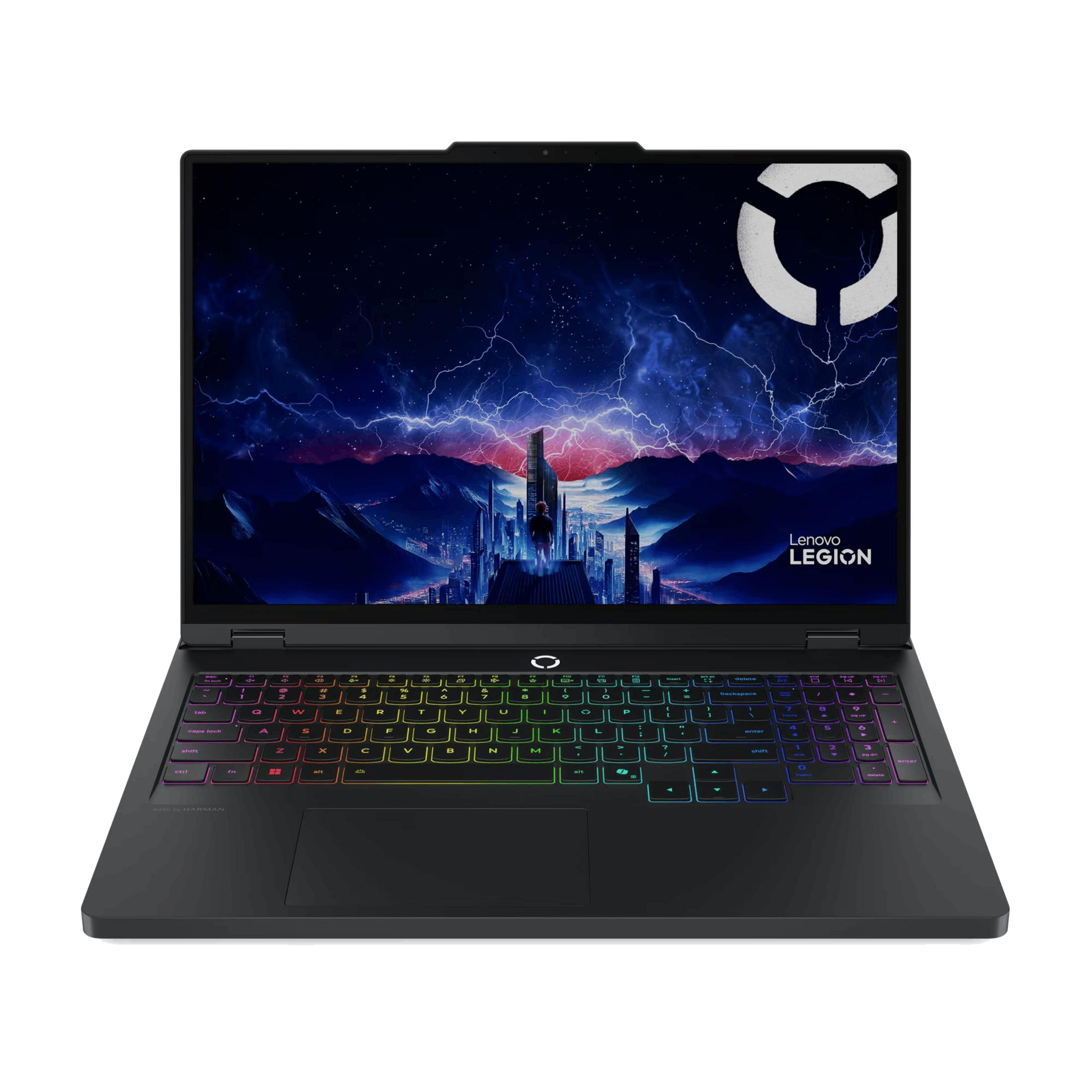 Portátil negro con teclado retroiluminado y fondo de pantalla futurista.