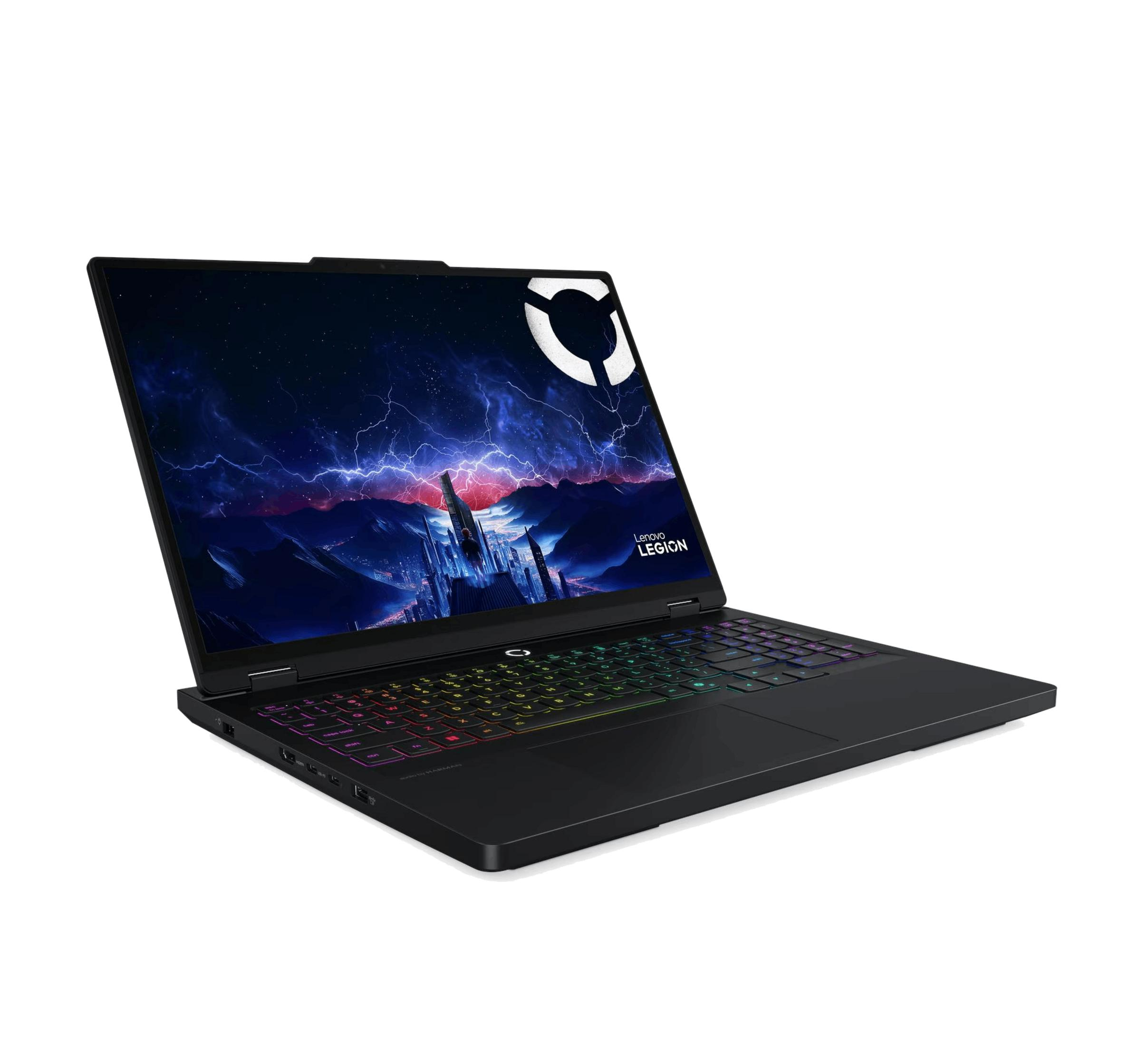 Portátil negro con teclado iluminado y fondo de pantalla futurista.