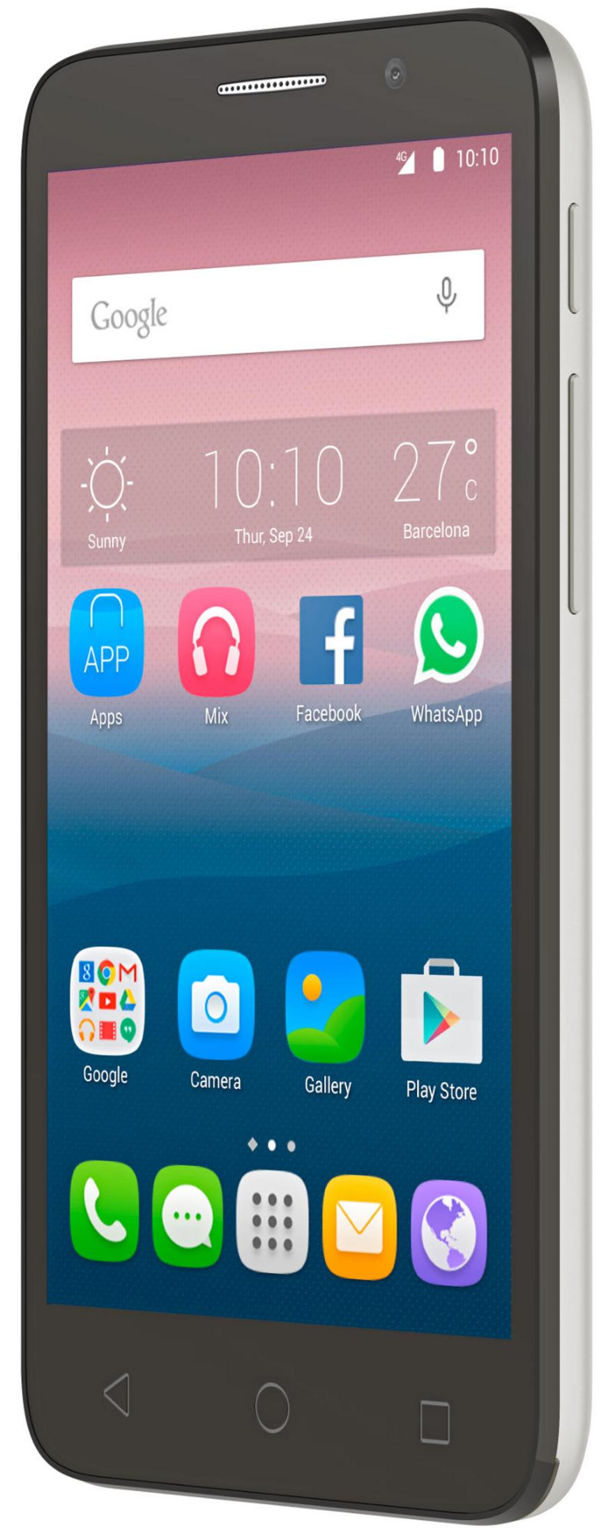 Uno smartphone con sfondo blu e rosa mostra icone di app come Google, Facebook e WhatsApp.