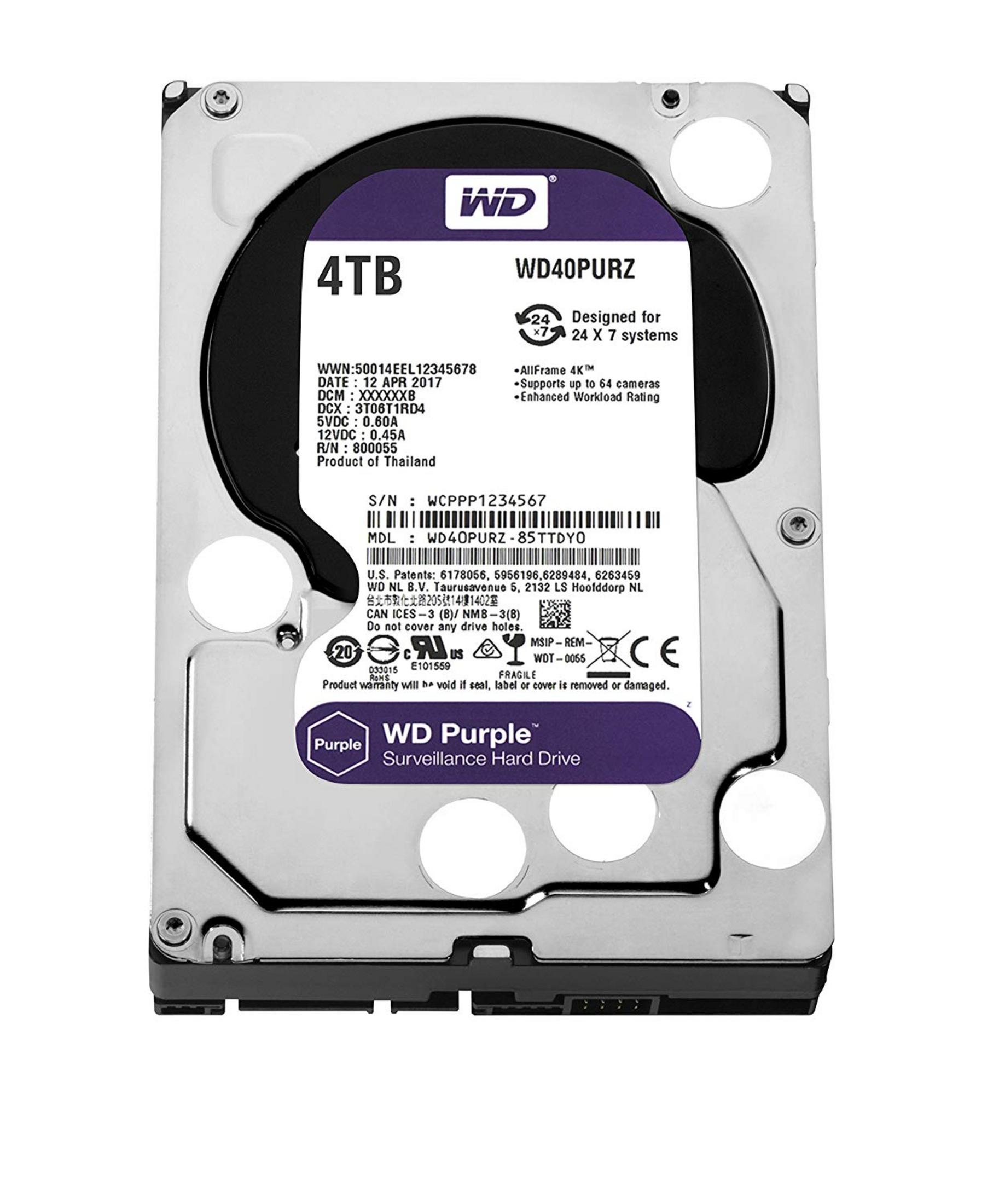 Ein 4TB WD Purple Überwachungsfestplatte mit Modell WD40PURZ.