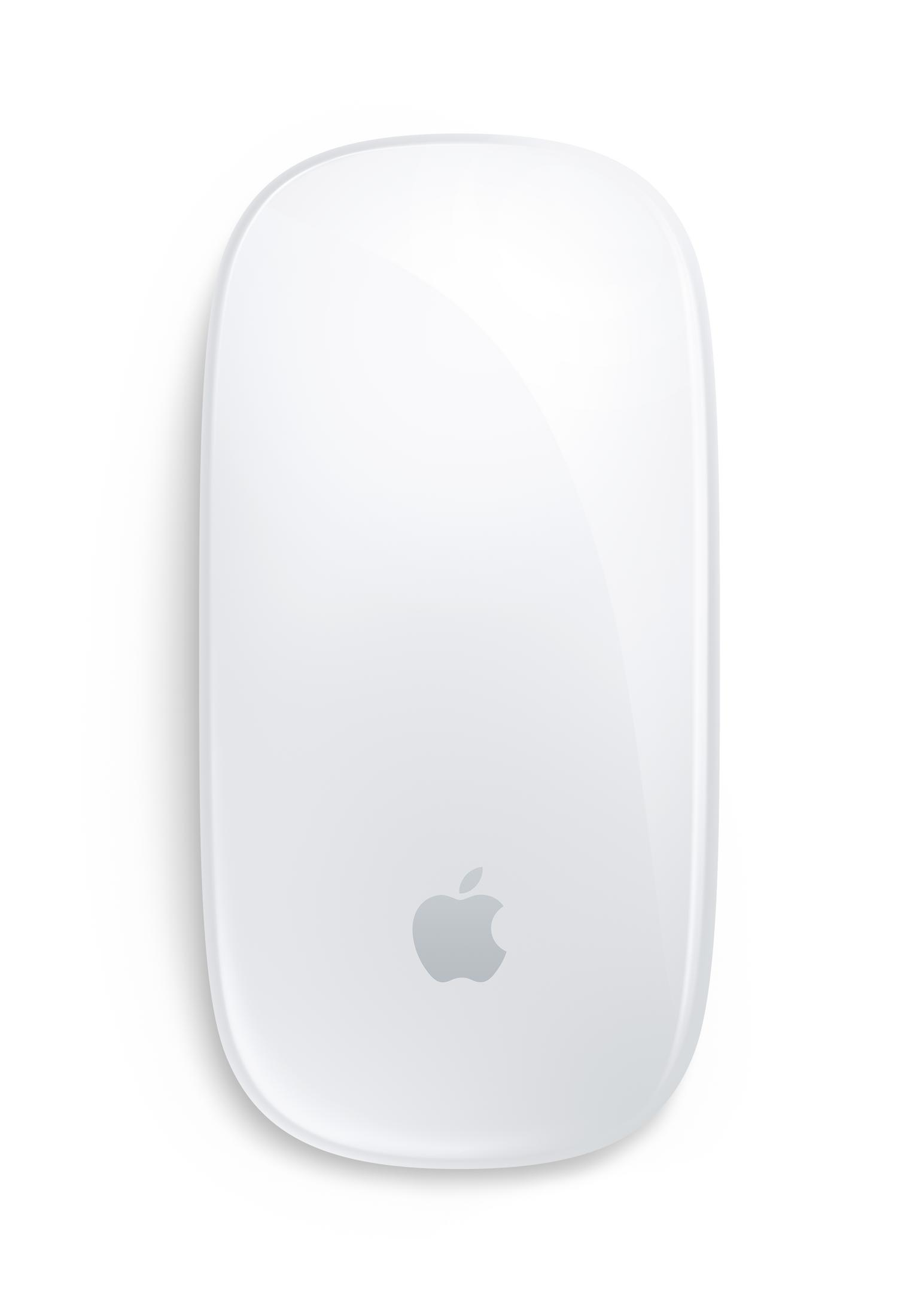 Un mouse Apple Magic Mouse bianco è centrato su sfondo bianco. Il logo Apple è visibile.