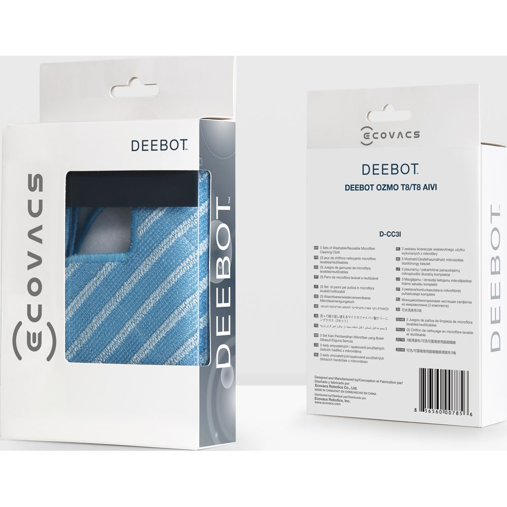 Ein Paket mit blauen und weißen Mikrofasertüchern für Deebot Roboter.