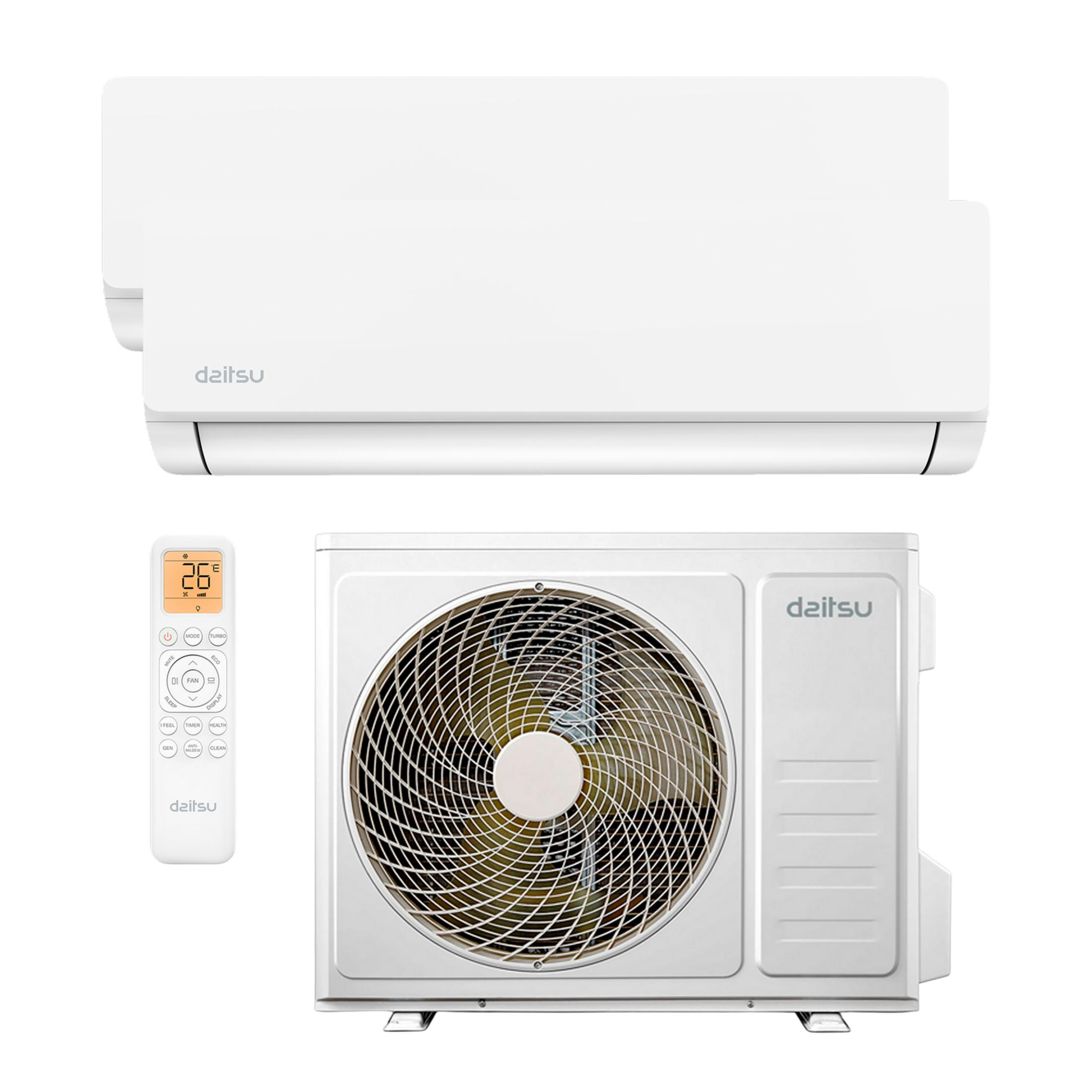 Un aire acondicionado blanco con unidad interior, exterior y mando.