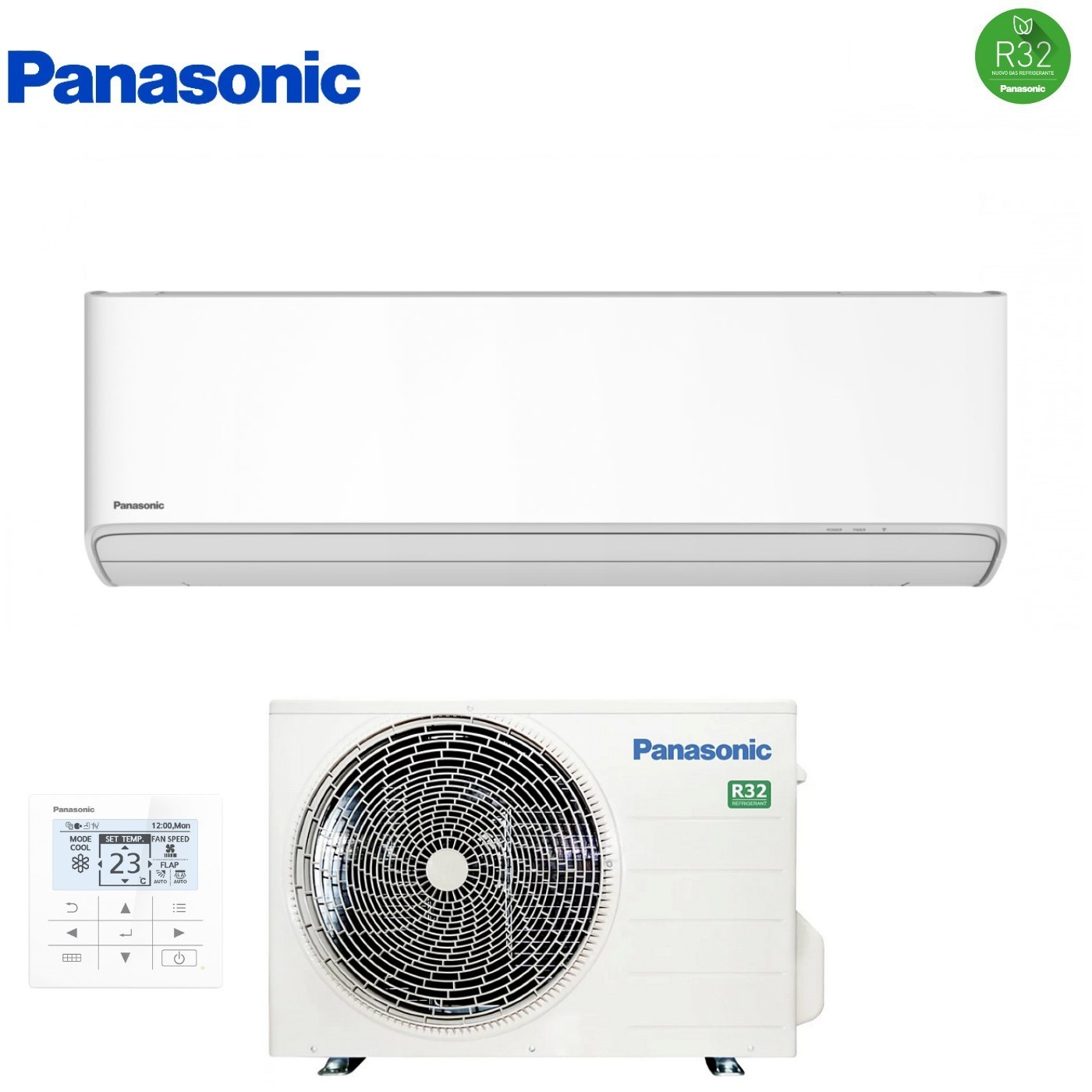 Unità di condizionamento Panasonic bianca con interno, esterno e telecomando.