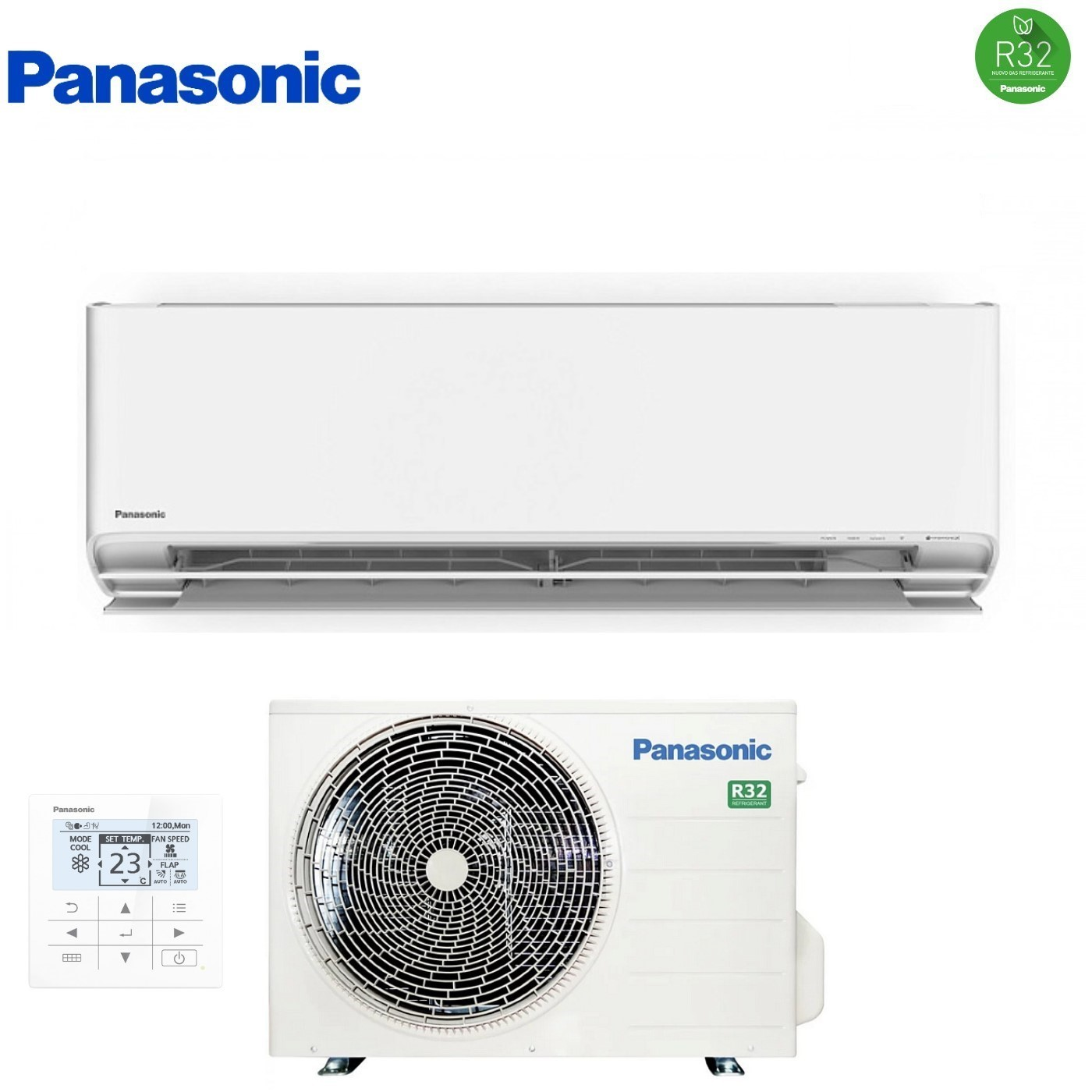 Un condizionatore Panasonic bianco con unità interna, esterna e telecomando.