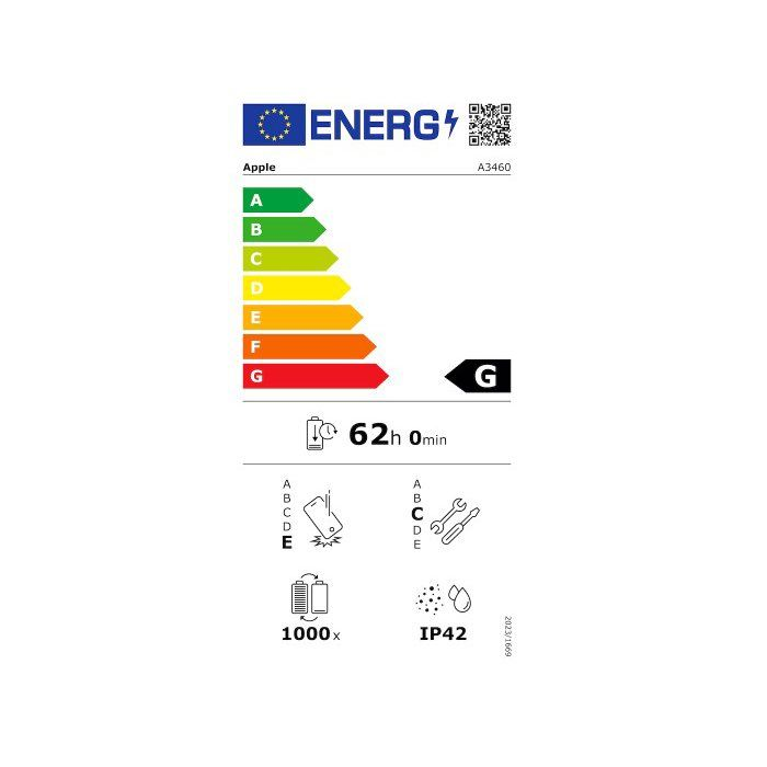 Etichetta efficienza energetica A-G, 62 ore autonomia, 1000x cicli carica, IP42.