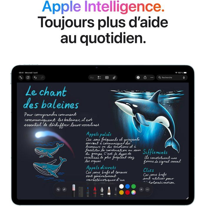 Un'orca nuota sopra canti di balena spiegati su uno schermo.