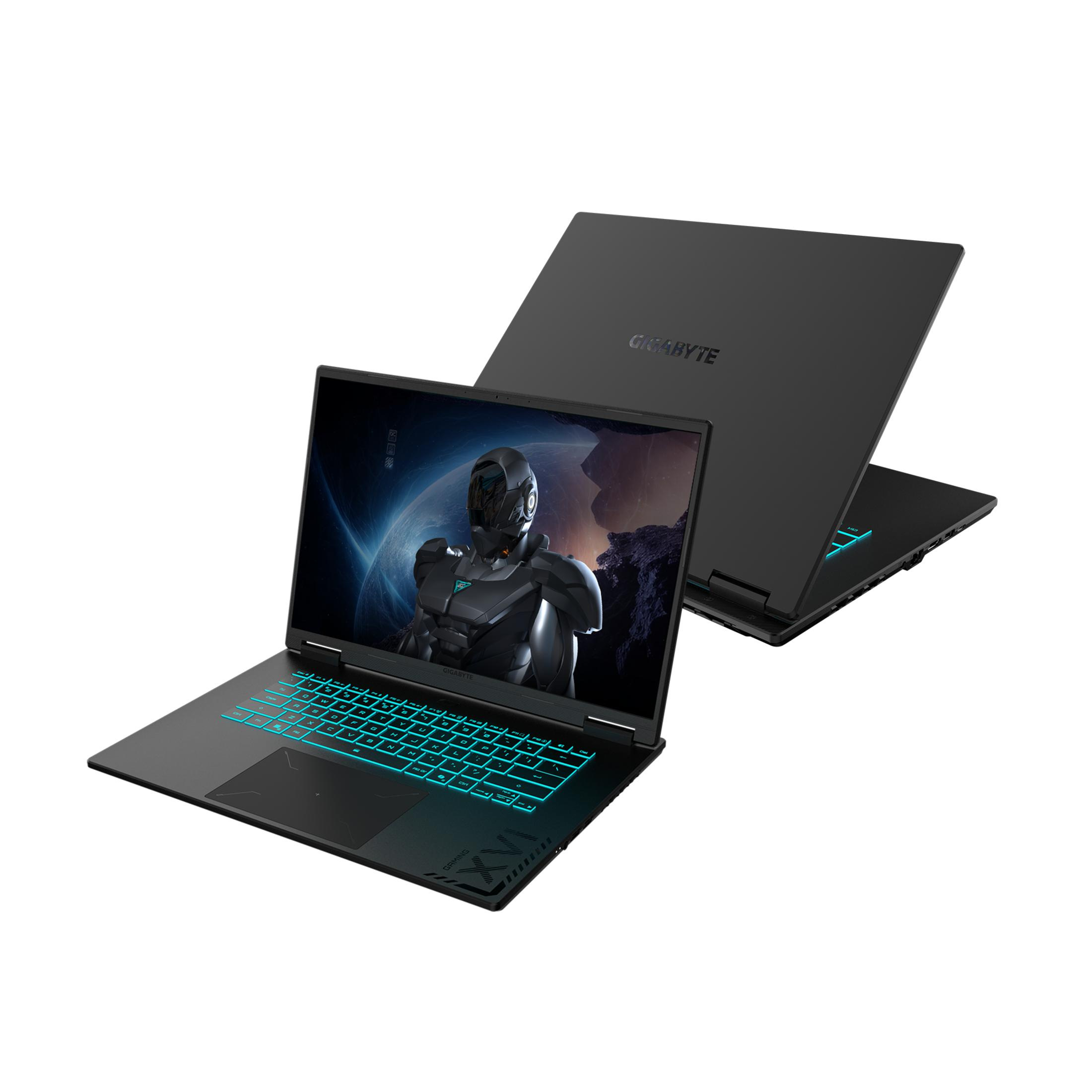 Czarny laptop z podświetlaną niebieską klawiaturą i ekranem sci-fi.
