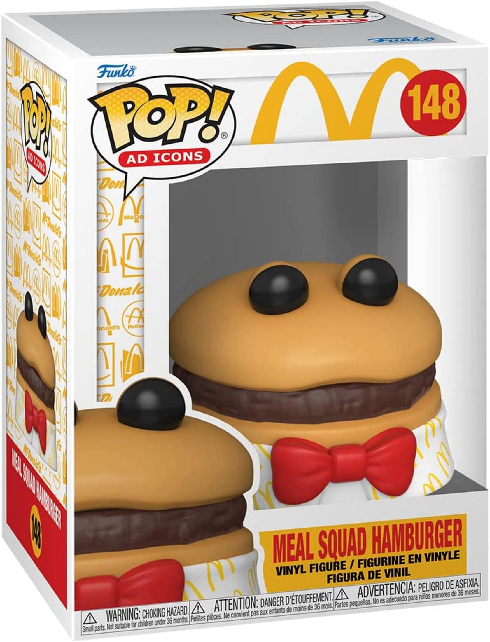Funko Pop! Vinyl Figur des McDonald's Meal Squad Hamburgers mit rotem Schleifenbinder.