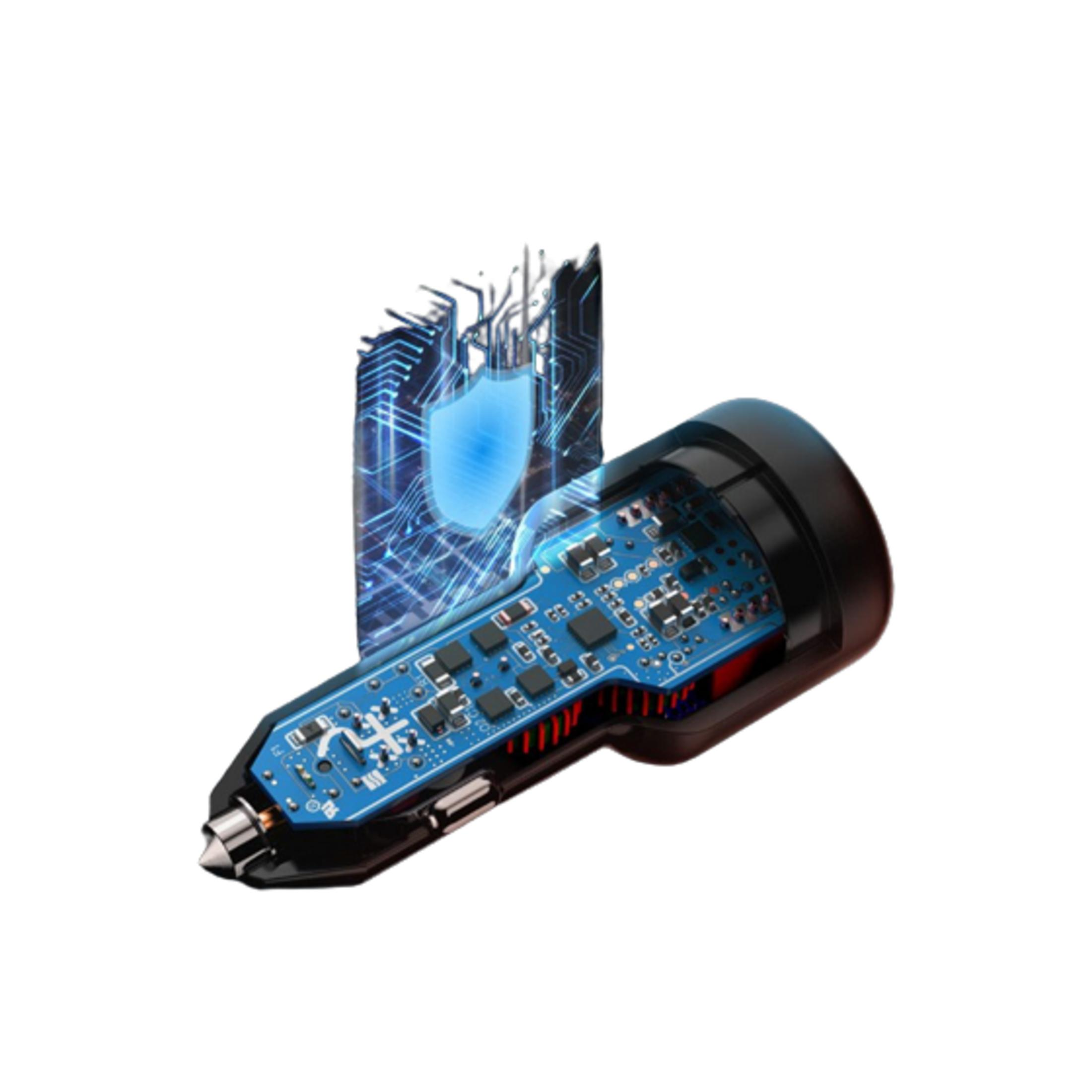 A car charger with its casing open, showing a blue circuit board with chips.