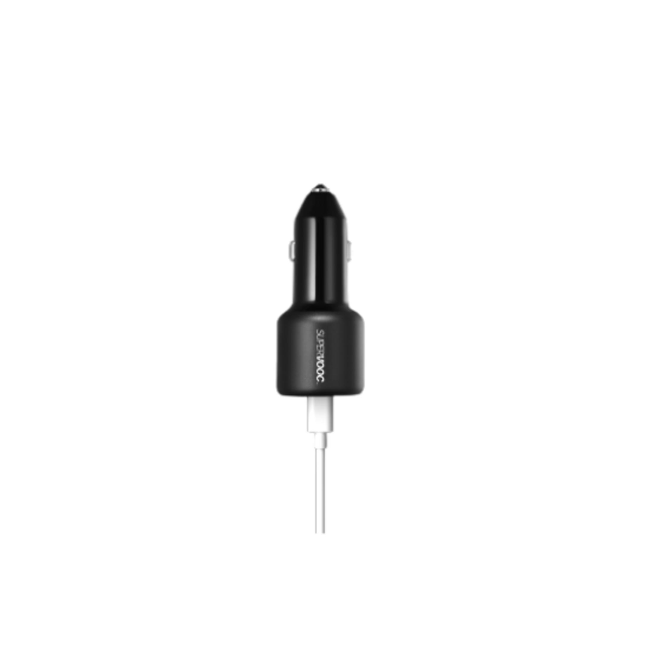 Black car charger with a white cable.
