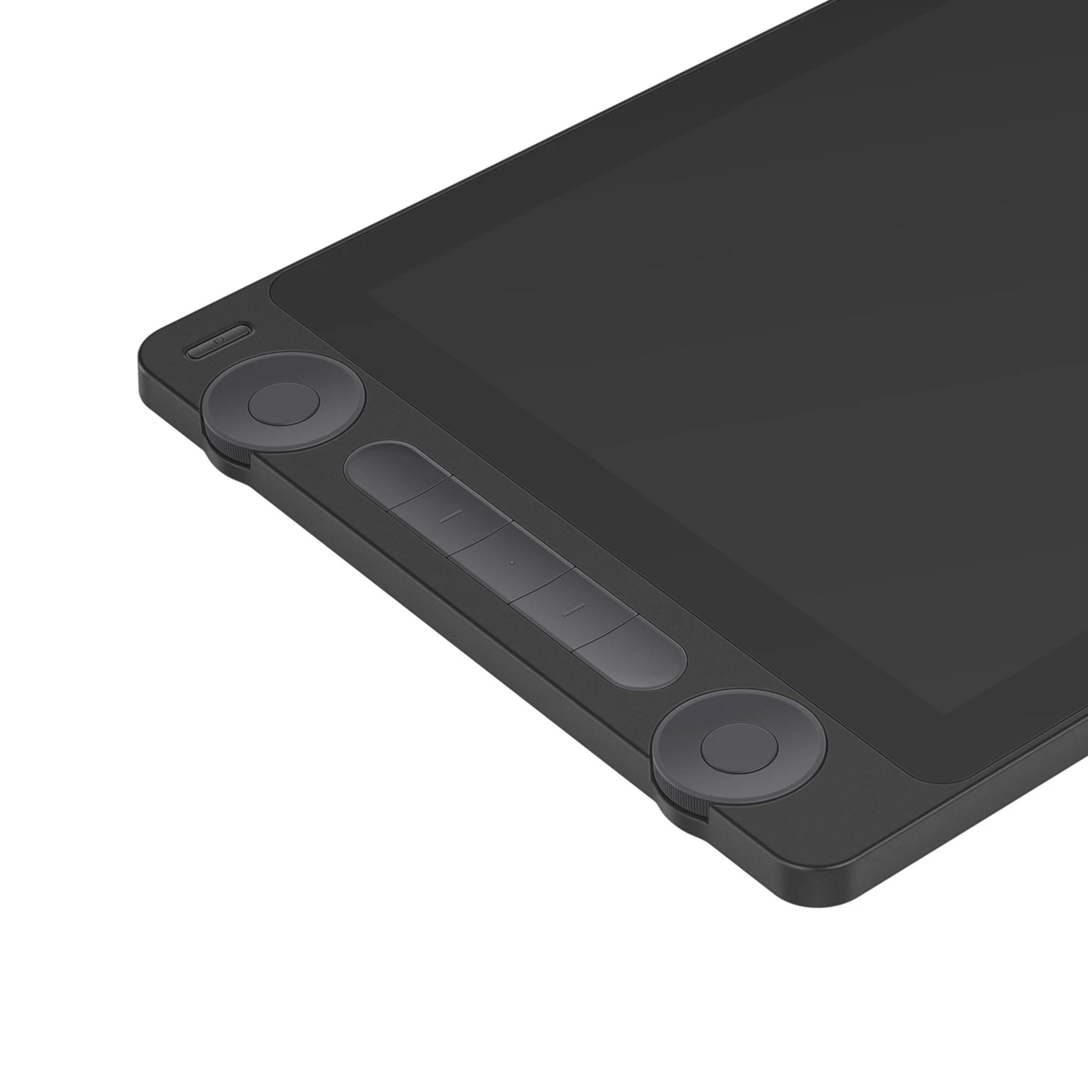 Tavoletta grafica nera con anello touch e pulsanti, vista ravvicinata.