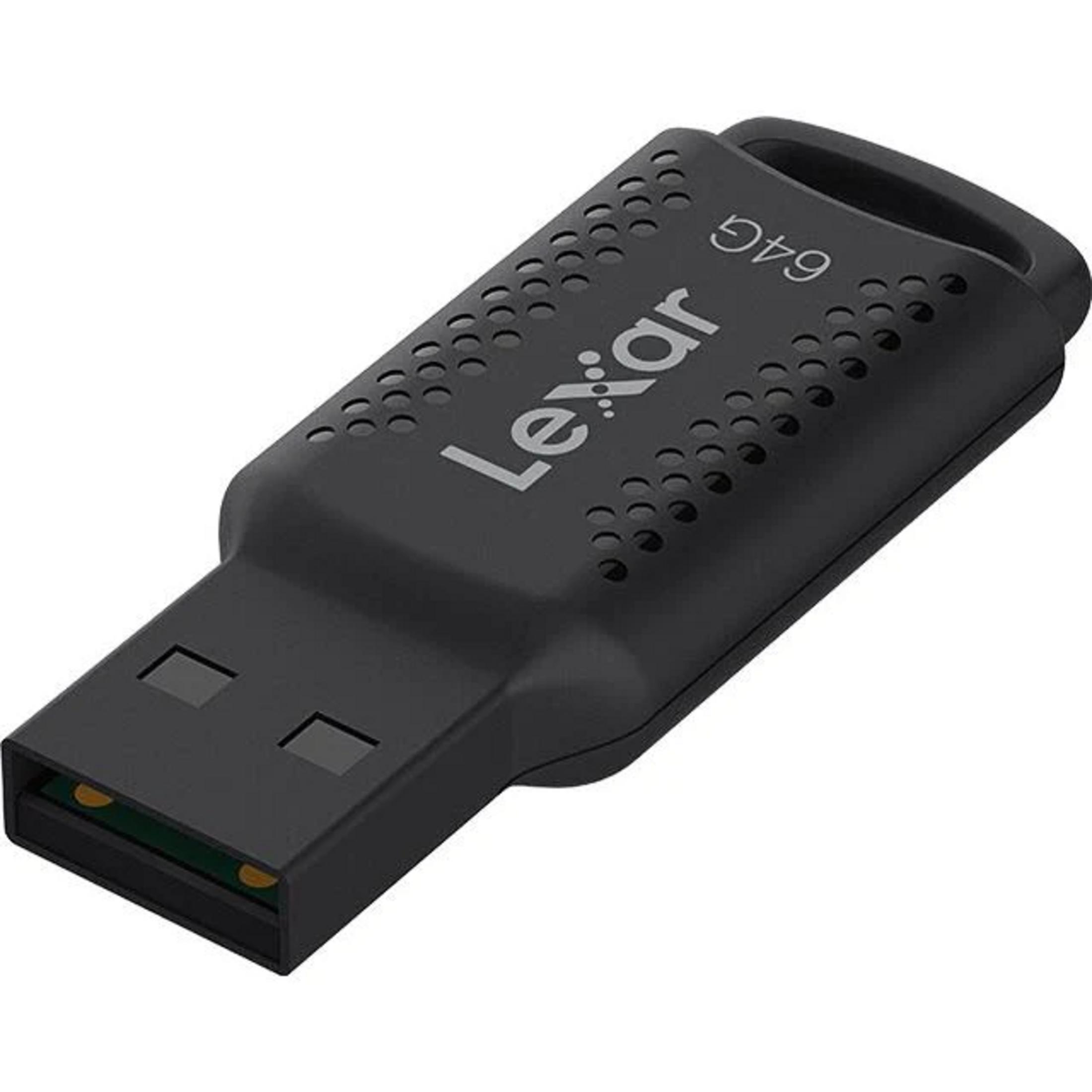 Un'unità USB nera con marchio Lexar 64G e molti piccoli fori.