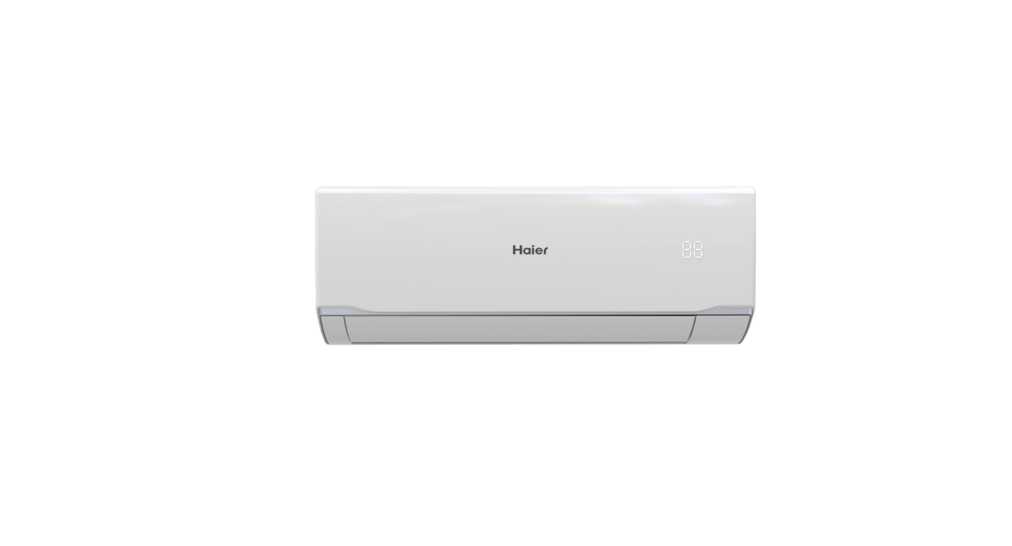 Una unidad de aire acondicionado Haier blanca con pantalla digital sobre fondo blanco.