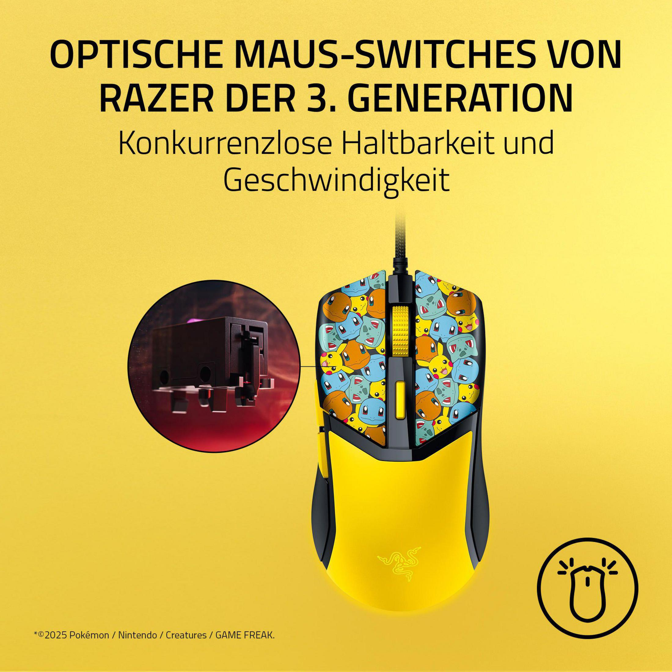 Mouse Razer giallo con design Pokémon, dettaglio switch ottico.