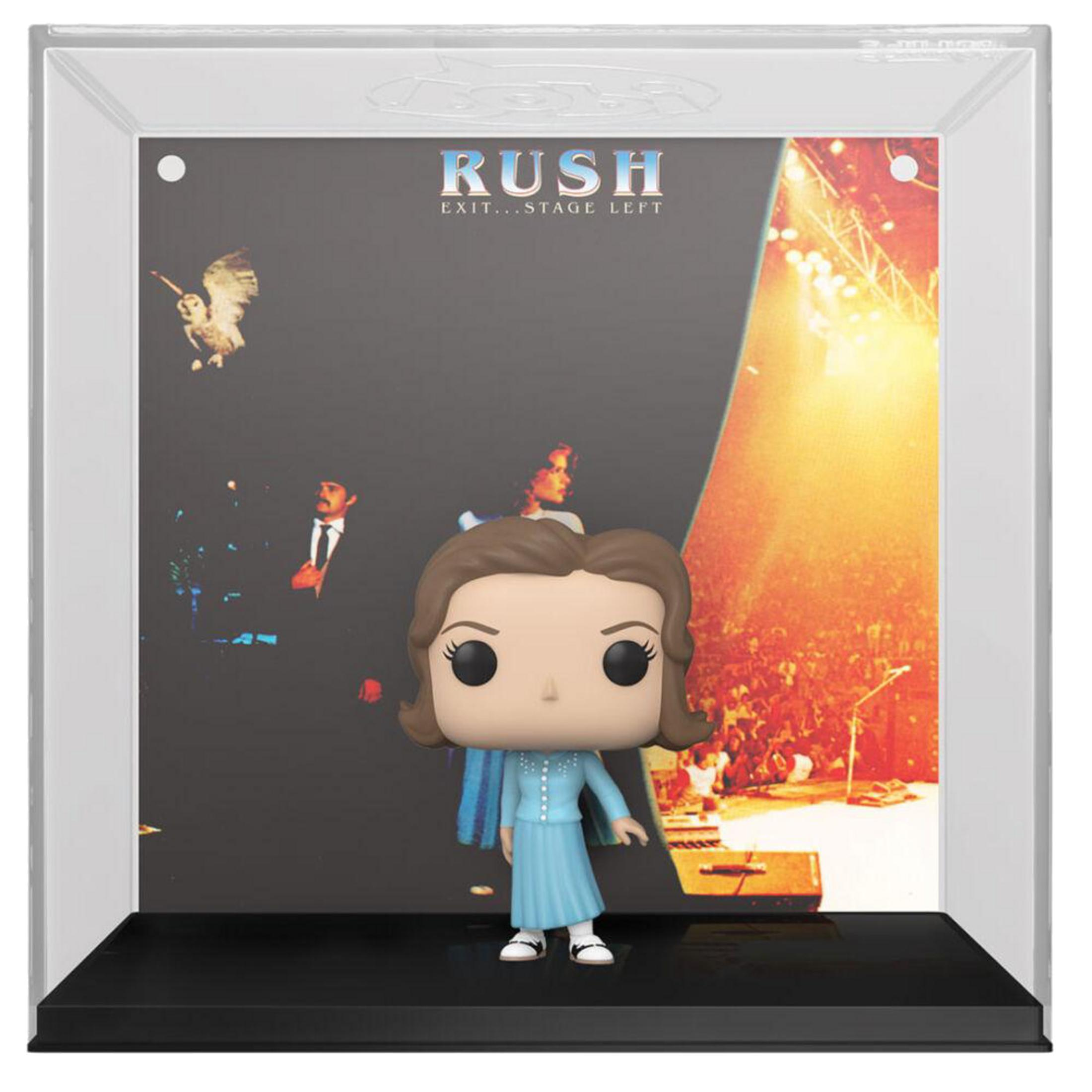 Una figuretta Funko Pop davanti alla copertina dell'album "Exit...Stage Left" dei Rush.