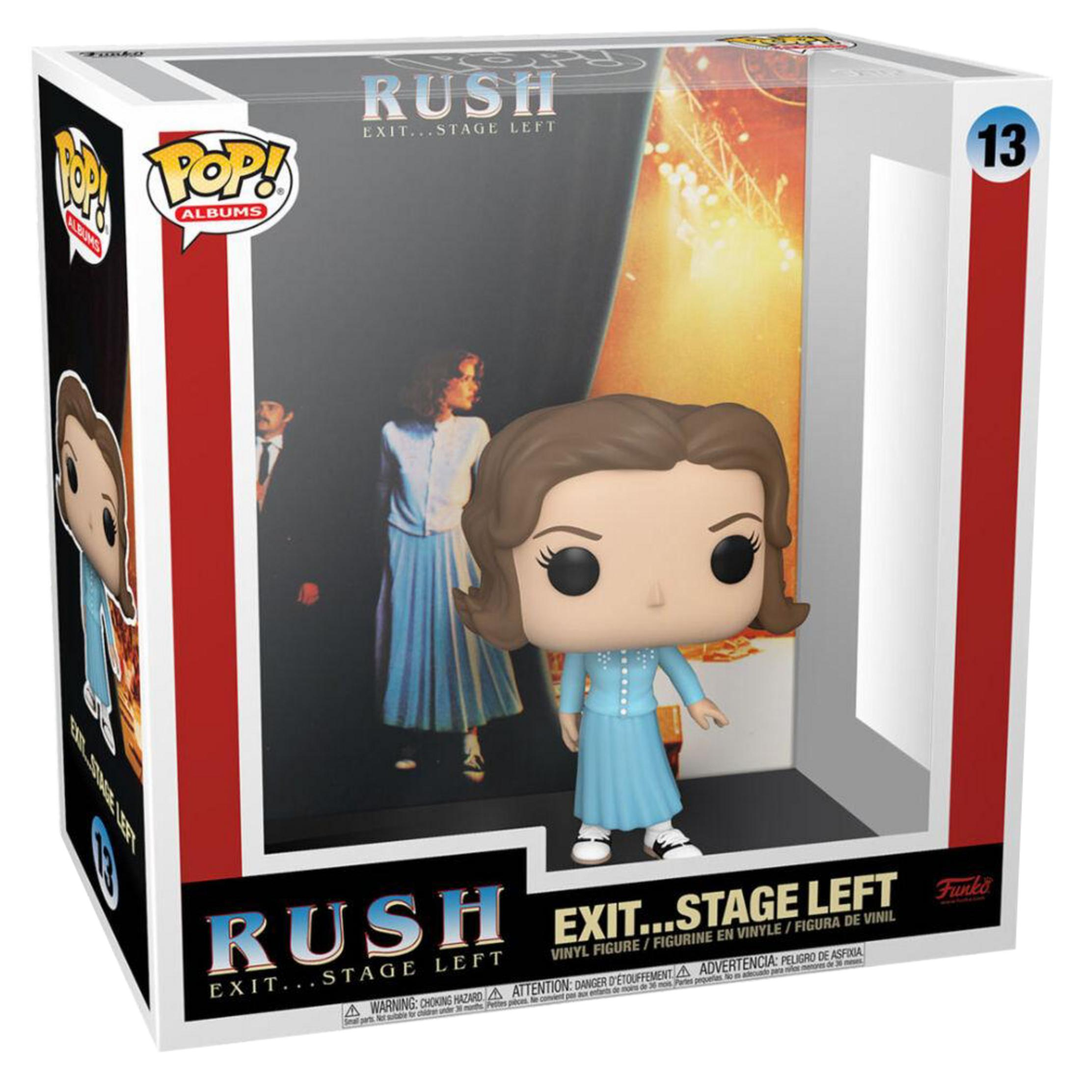 Action figure Funko Pop in vinile dell'album 'Exit...Stage Left' dei Rush con figura femminile.