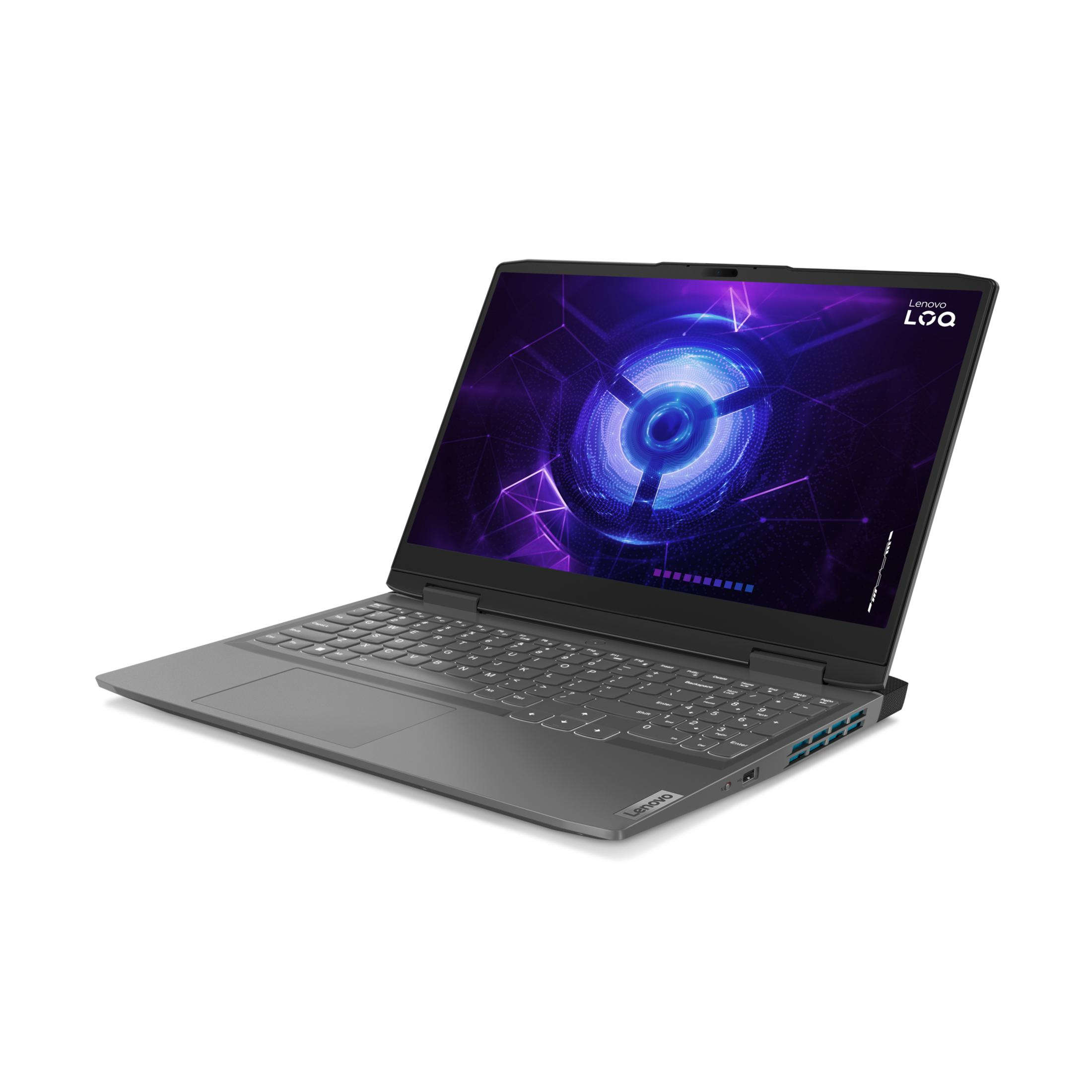 Un portátil gris muestra un gráfico vibrante azul y morado en su pantalla.