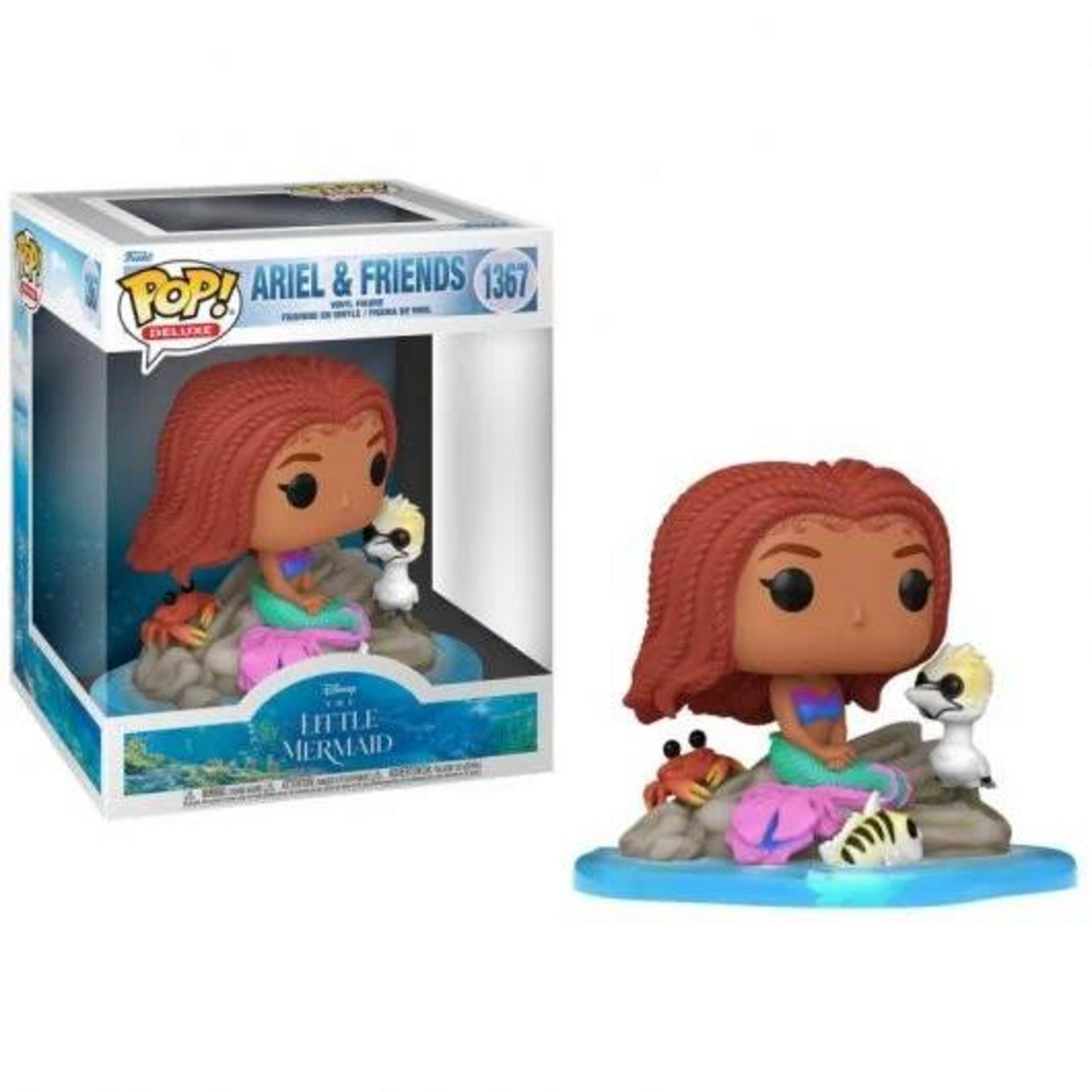 Figura Funko Pop! de Ariel y amigos, con cangrejo, pez y gaviota en rocas.