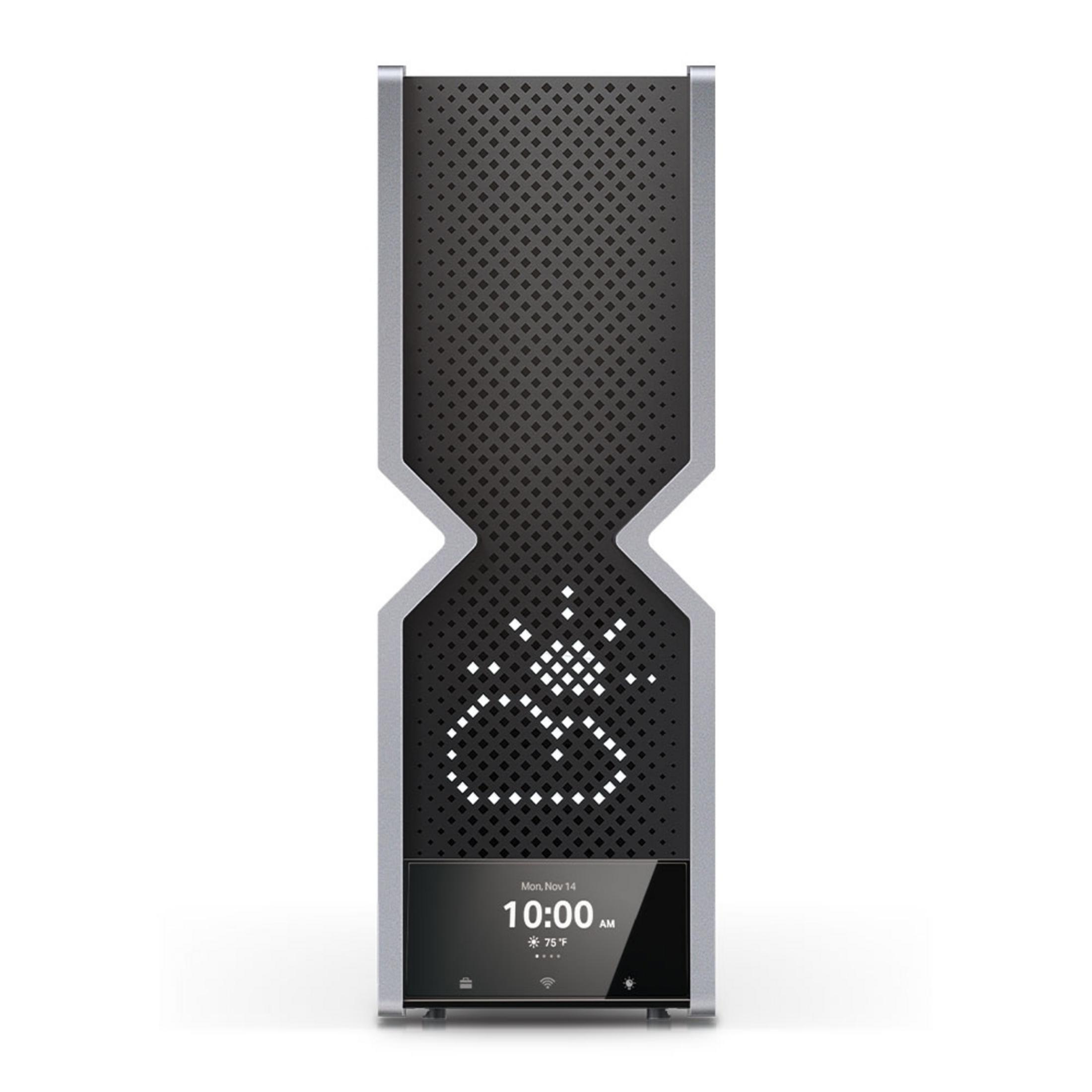 Srebrny router z czarną perforowaną obudową i podświetlanym symbolem.