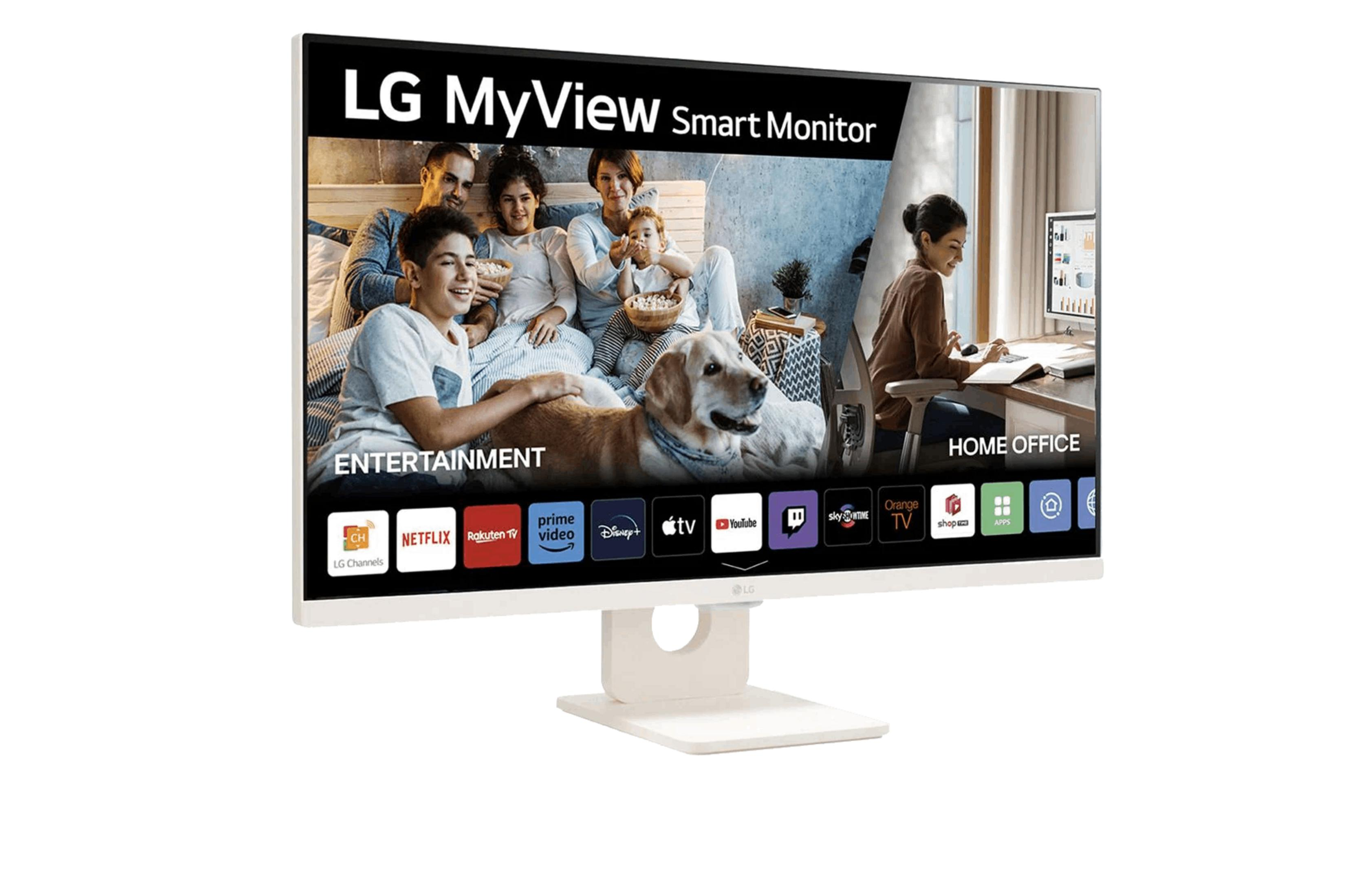 Monitor Smart LG MyView con famiglia, cane e ufficio domestico.
