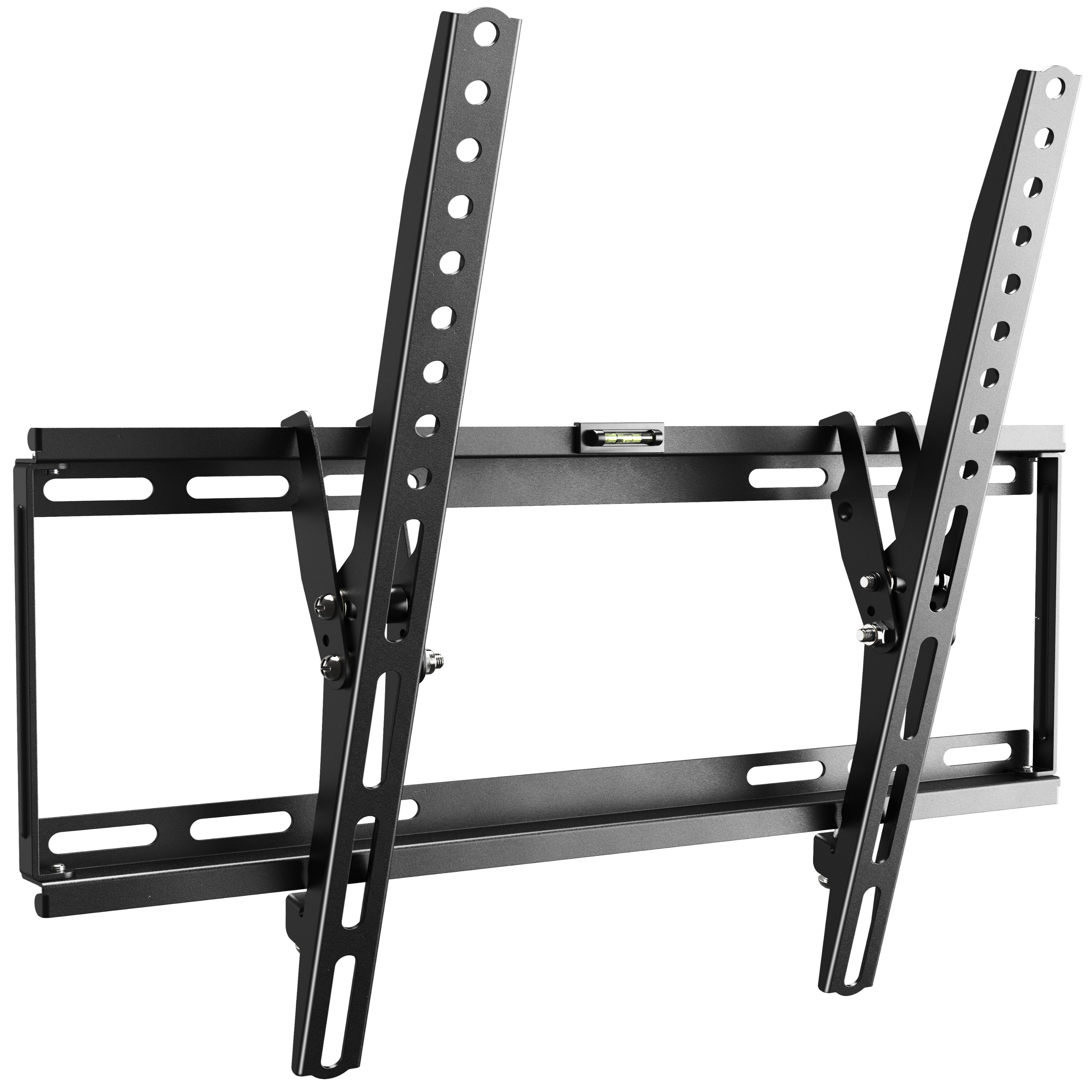 Schwarze TV-Wandhalterung mit verstellbaren Armen und Wasserwaage.