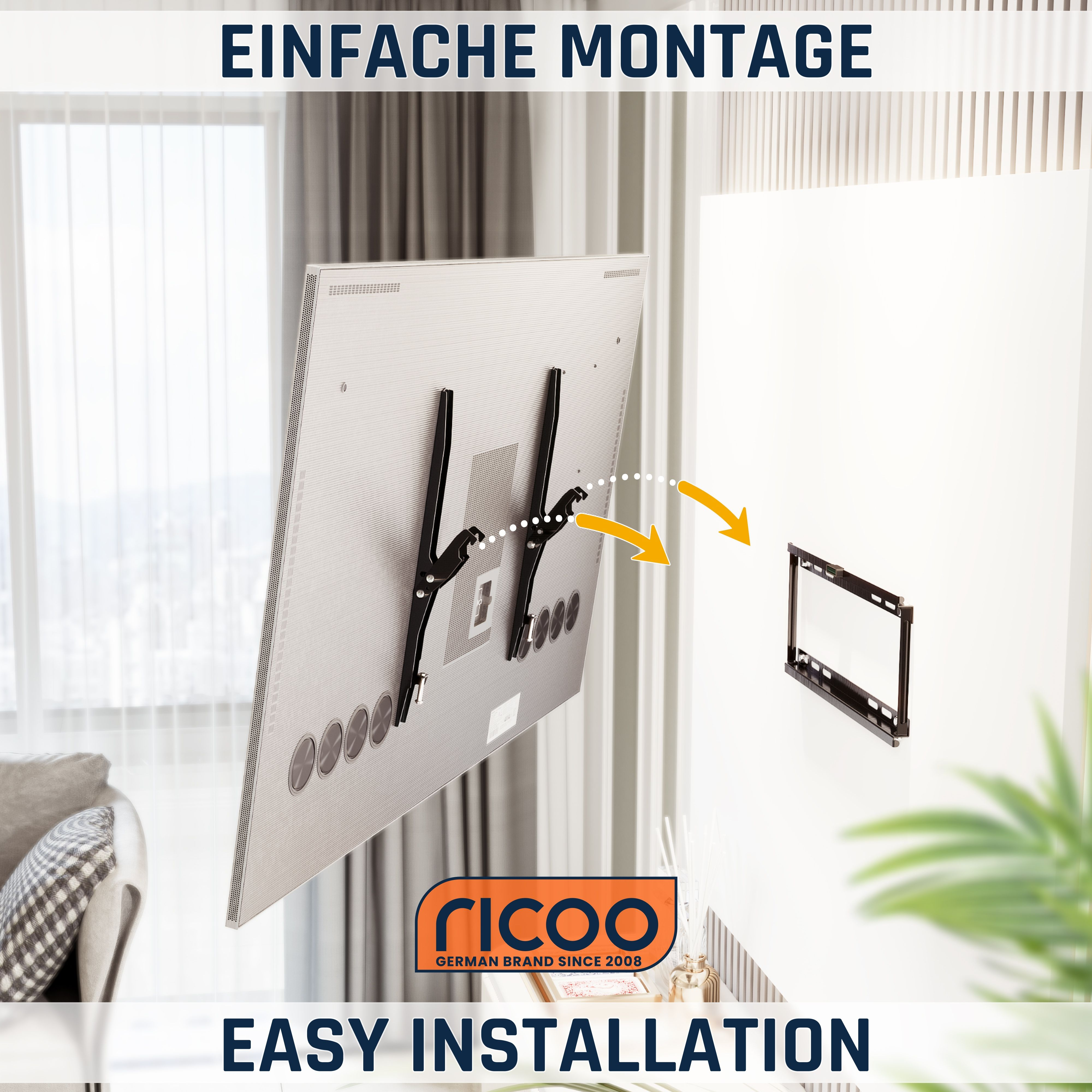 Ein Fernsehhalter wird an einer Wand montiert, ein Fernseher wird angebracht.