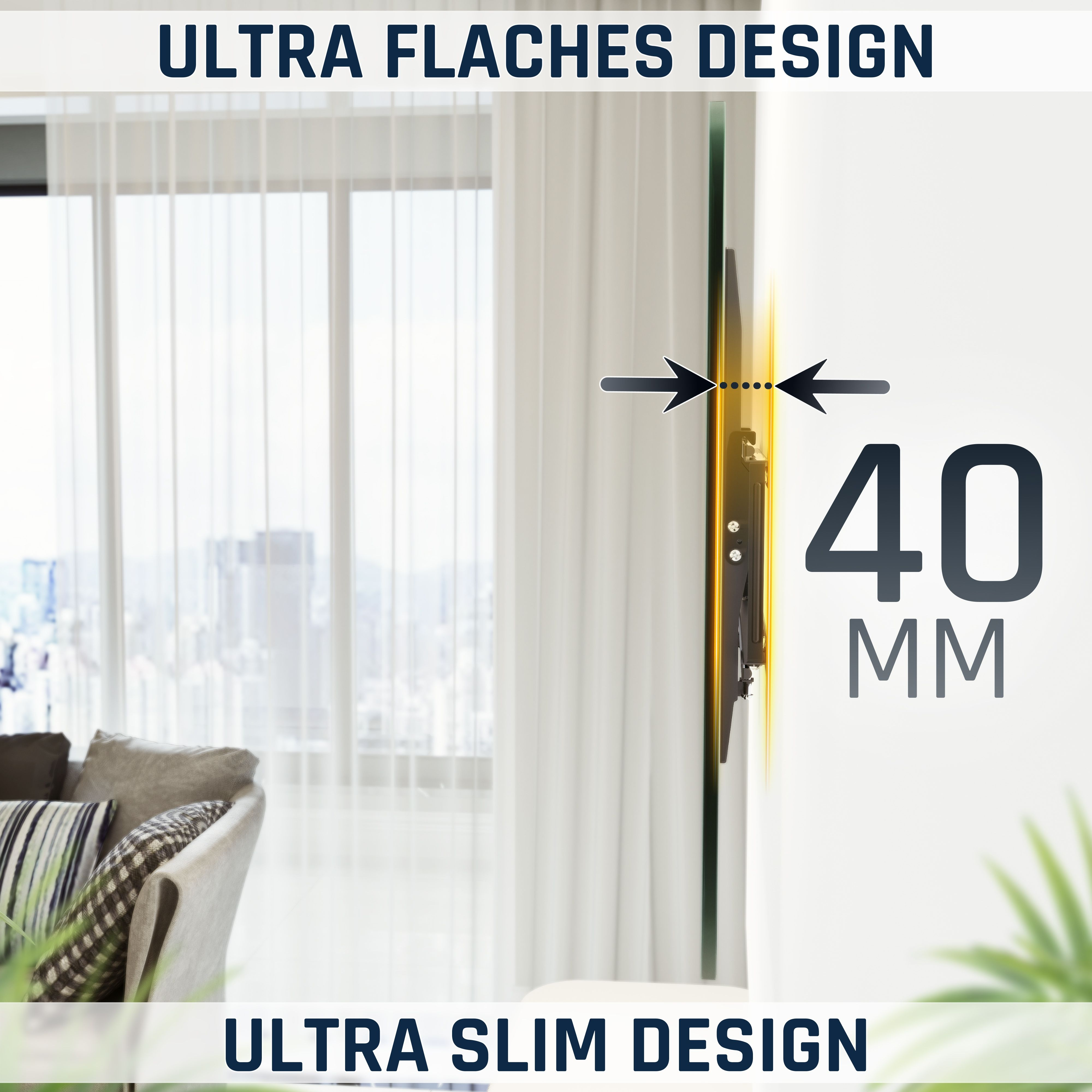 Ultraflaches TV-Wandmontagesystem, 40 mm dünn.