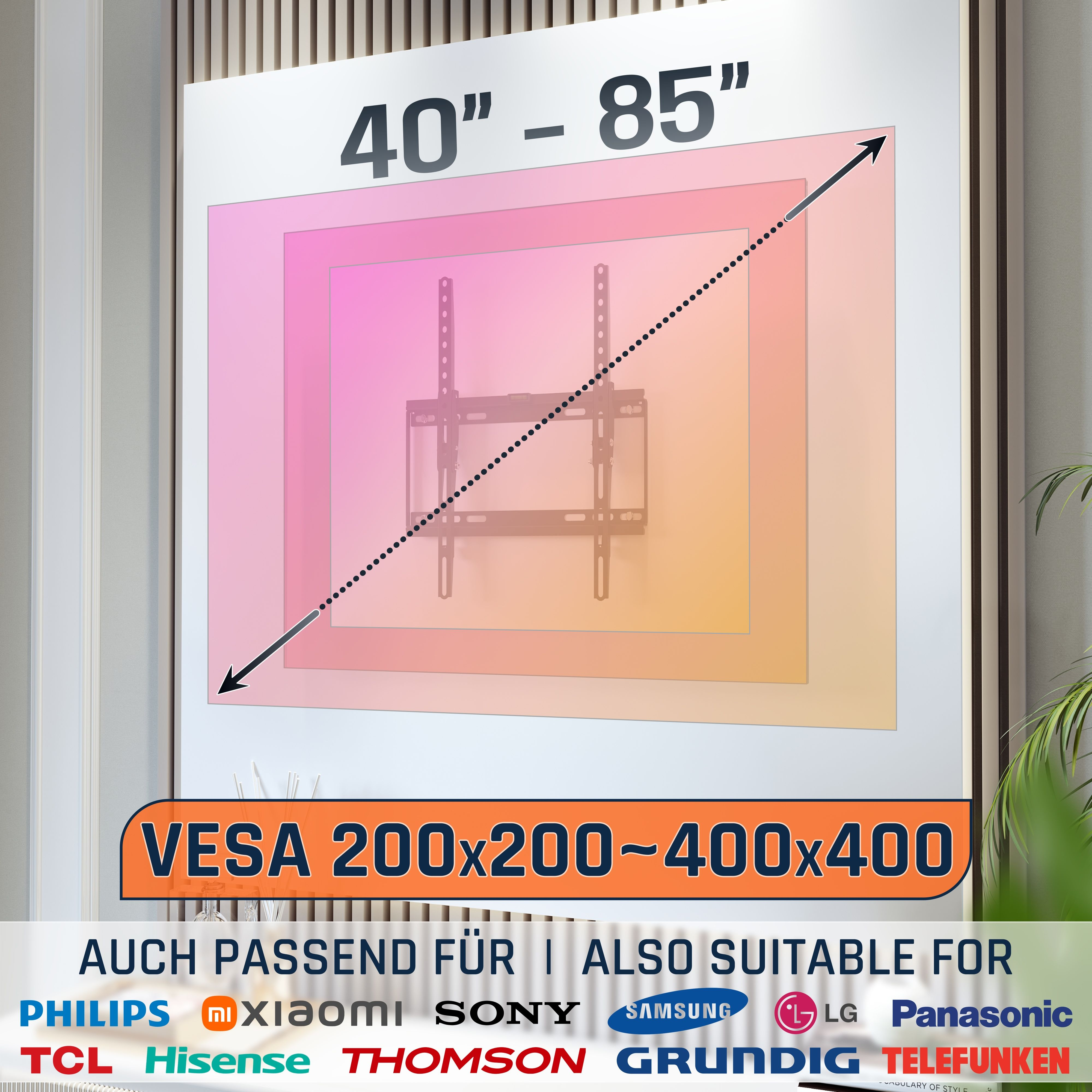 Ein Fernsehhalter für 40-85 Zoll Bildschirme, VESA 200x200-400x400. Markenlogos.