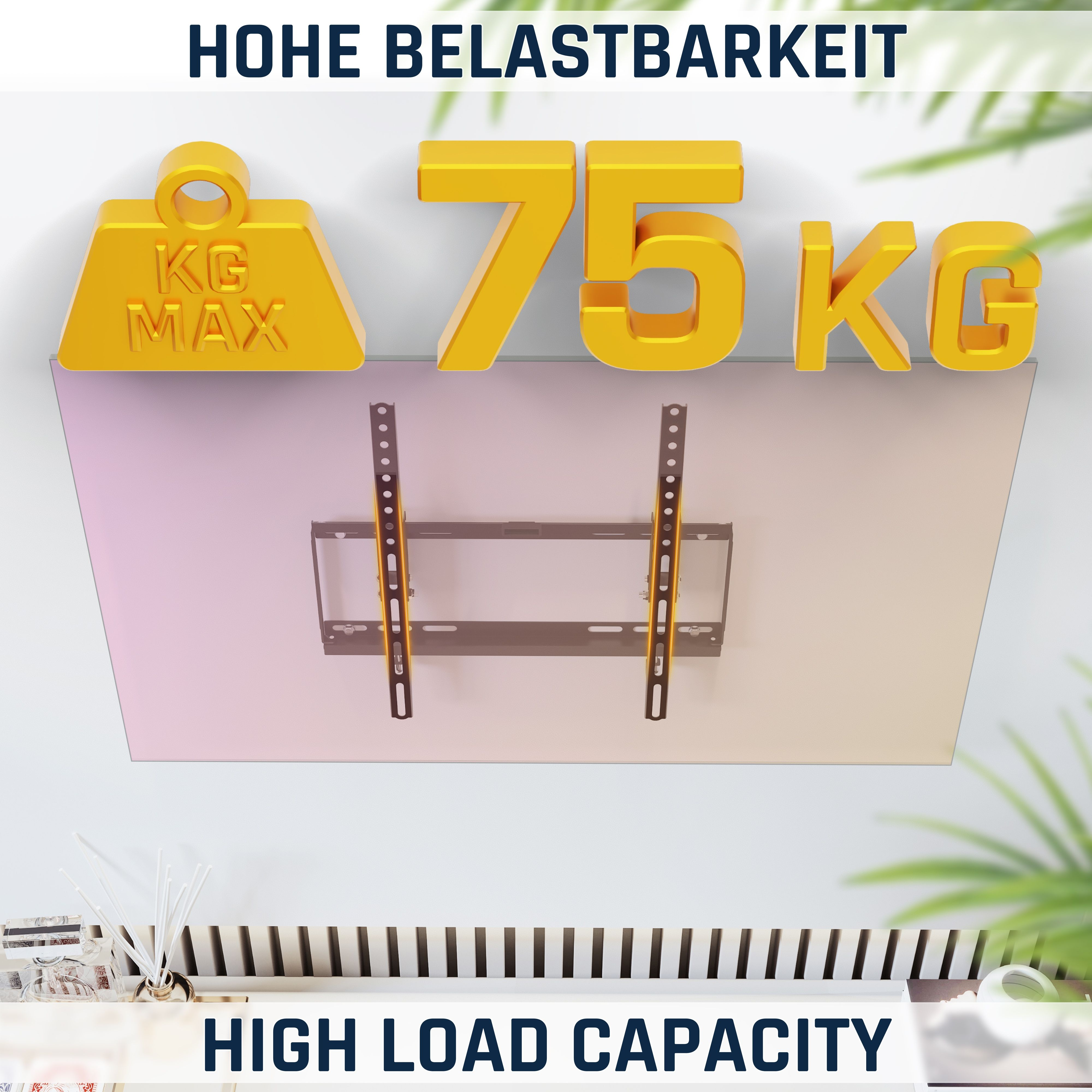 Goldene 75kg-Gewichte über einer Wandhalterung; HOHE BELASTBARKEIT.