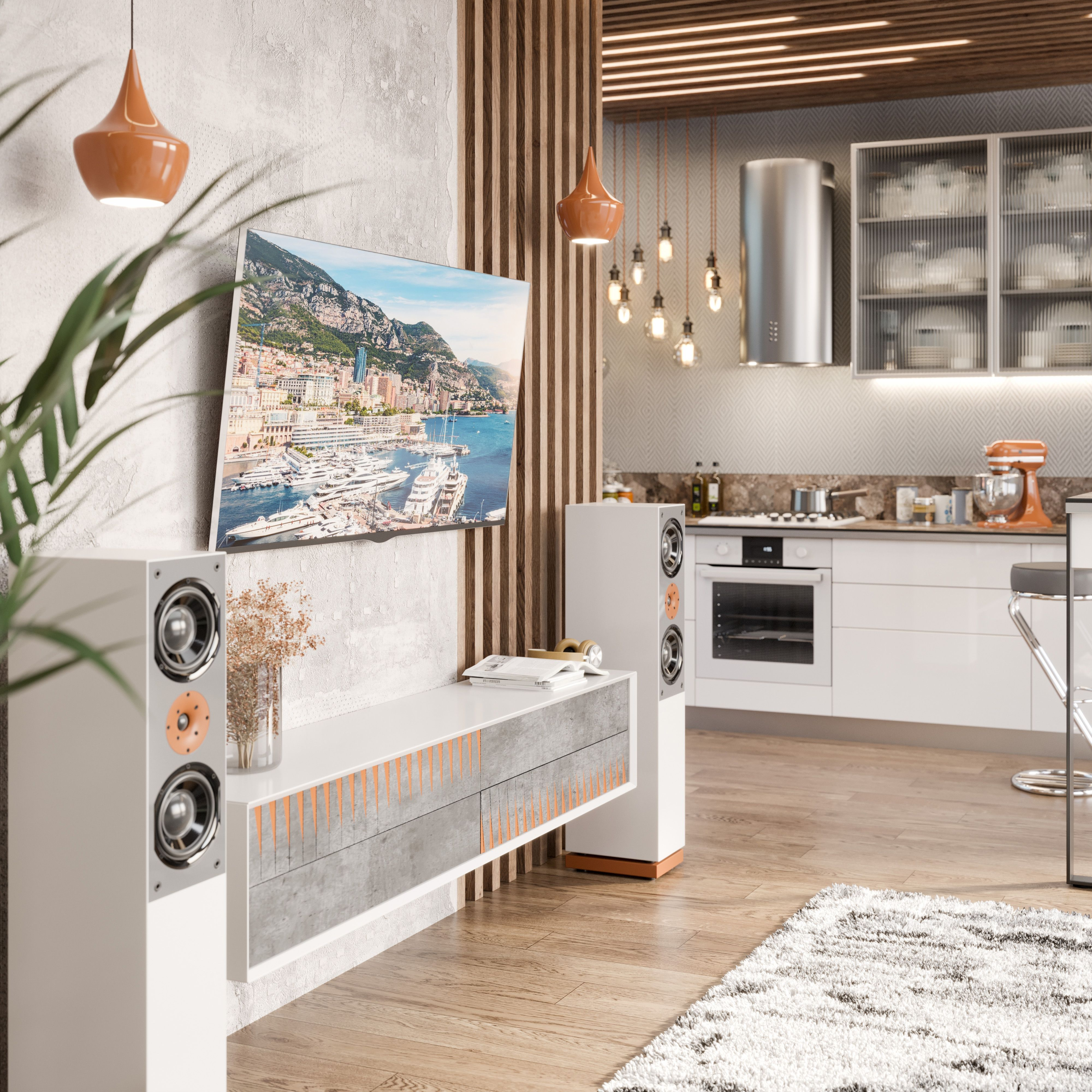 Modernes Wohnzimmer mit Küche, Wohnwand, Fernseher, Lautsprechern und Kunstwerk.