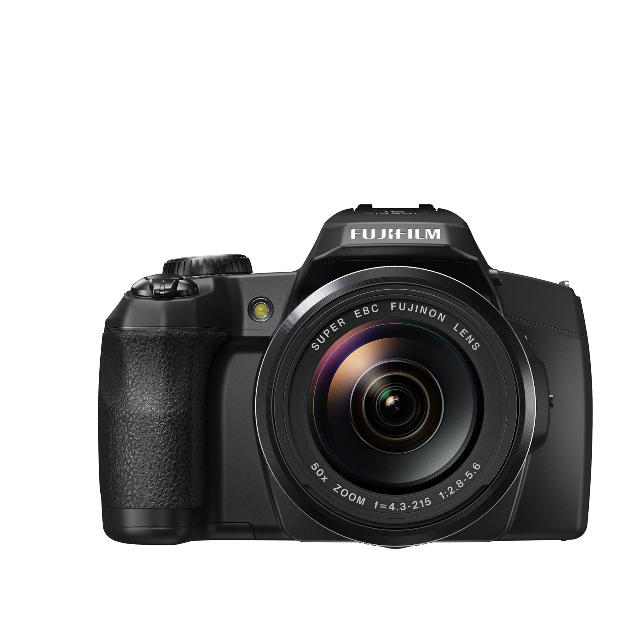 Schwarze Digitalkamera mit Fujinon-Objektiv und 50-fachem Zoom.