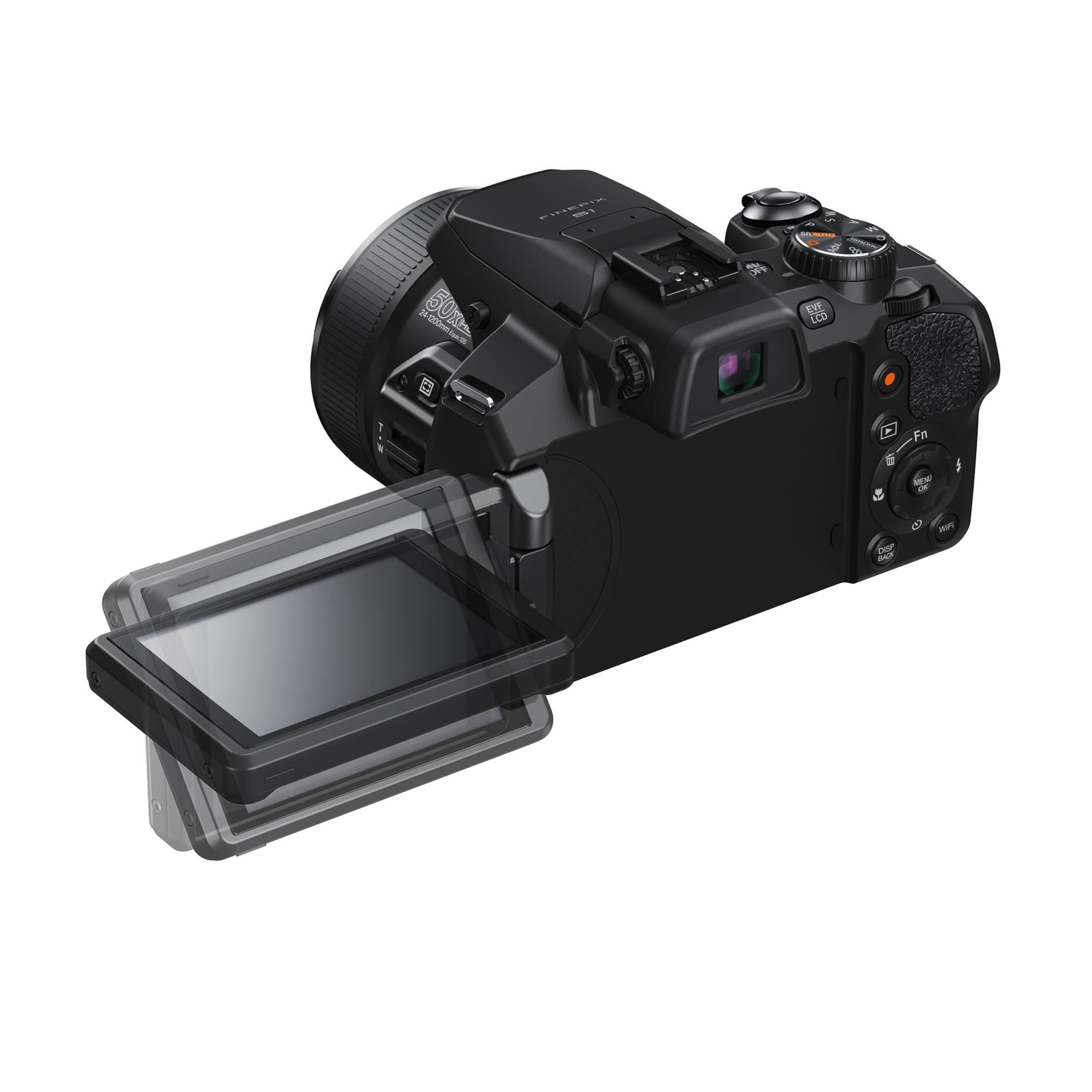 Schwarze Digitalkamera mit ausklappbarem Bildschirm und Zoomobjektiv.