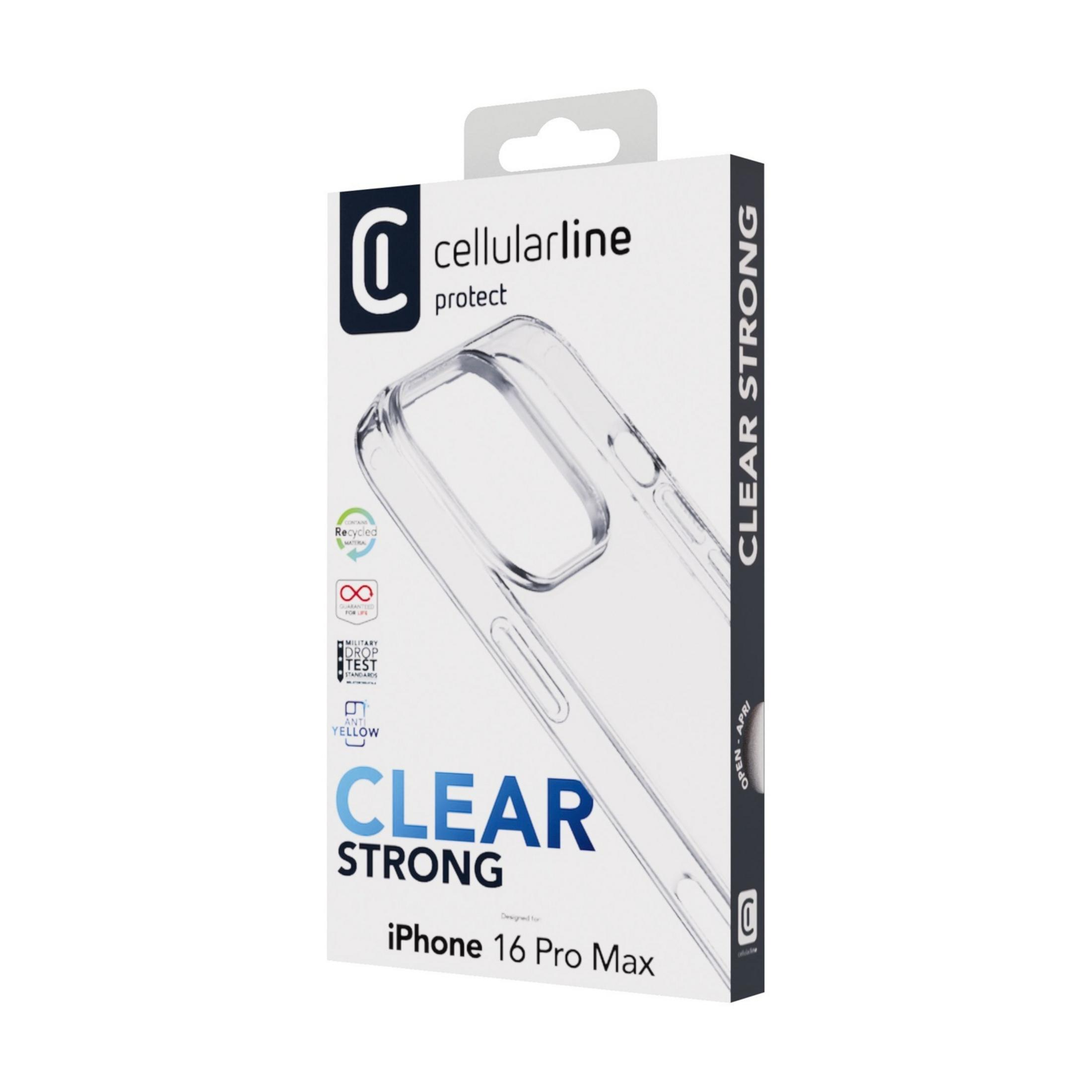 Verpackung für eine durchsichtige Hülle für iPhone 16 Pro Max mit Logos.