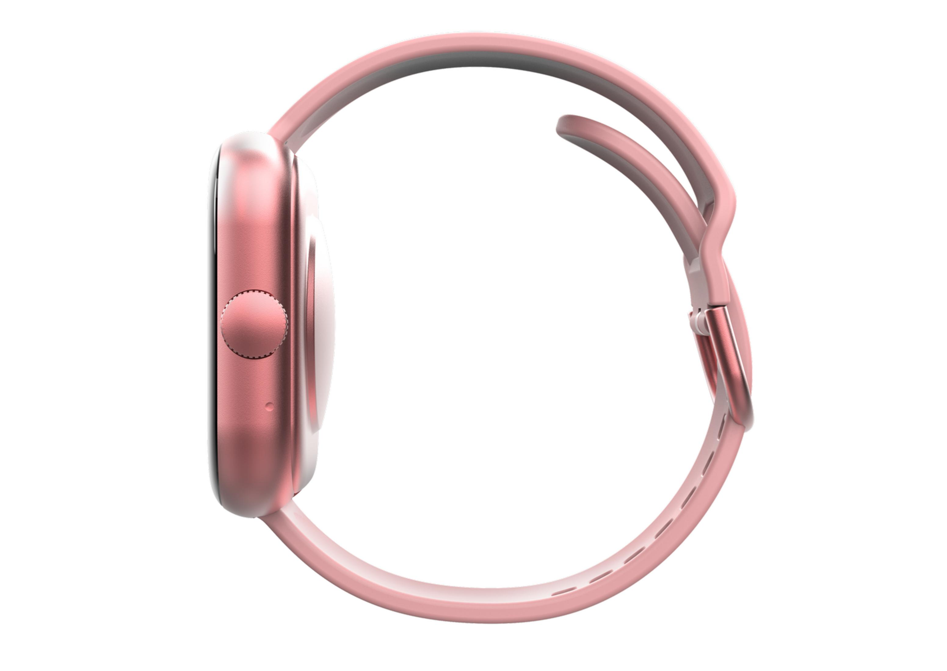 Un smartwatch rosa dorado con un botón redondo en el lateral, sobre fondo blanco.